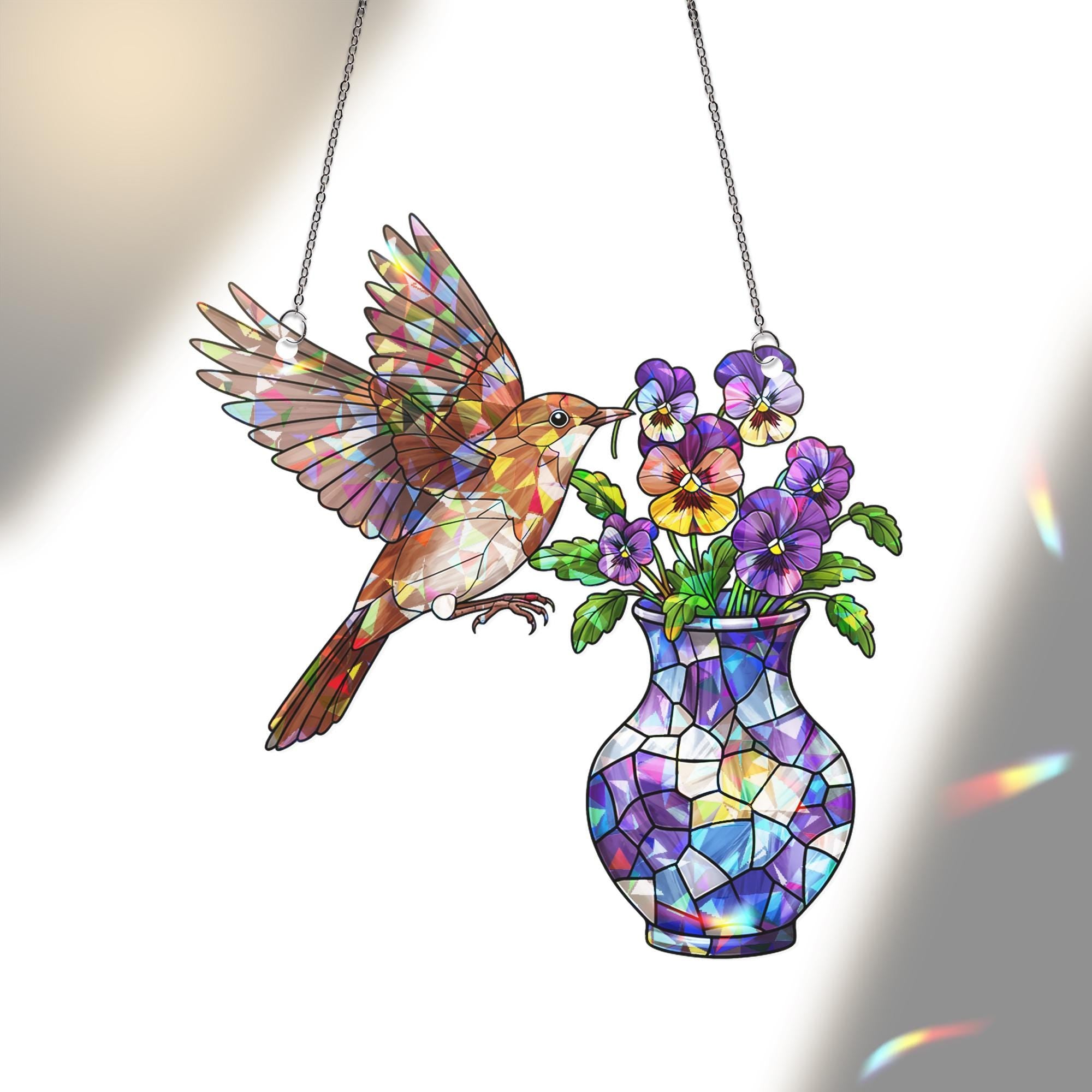 Sparrow & Pansy Hologram Acrylic Window Hanging – Bird and Flower Art – Mother’s Day Gift – Nature Window Decor – Garden Lover Gift