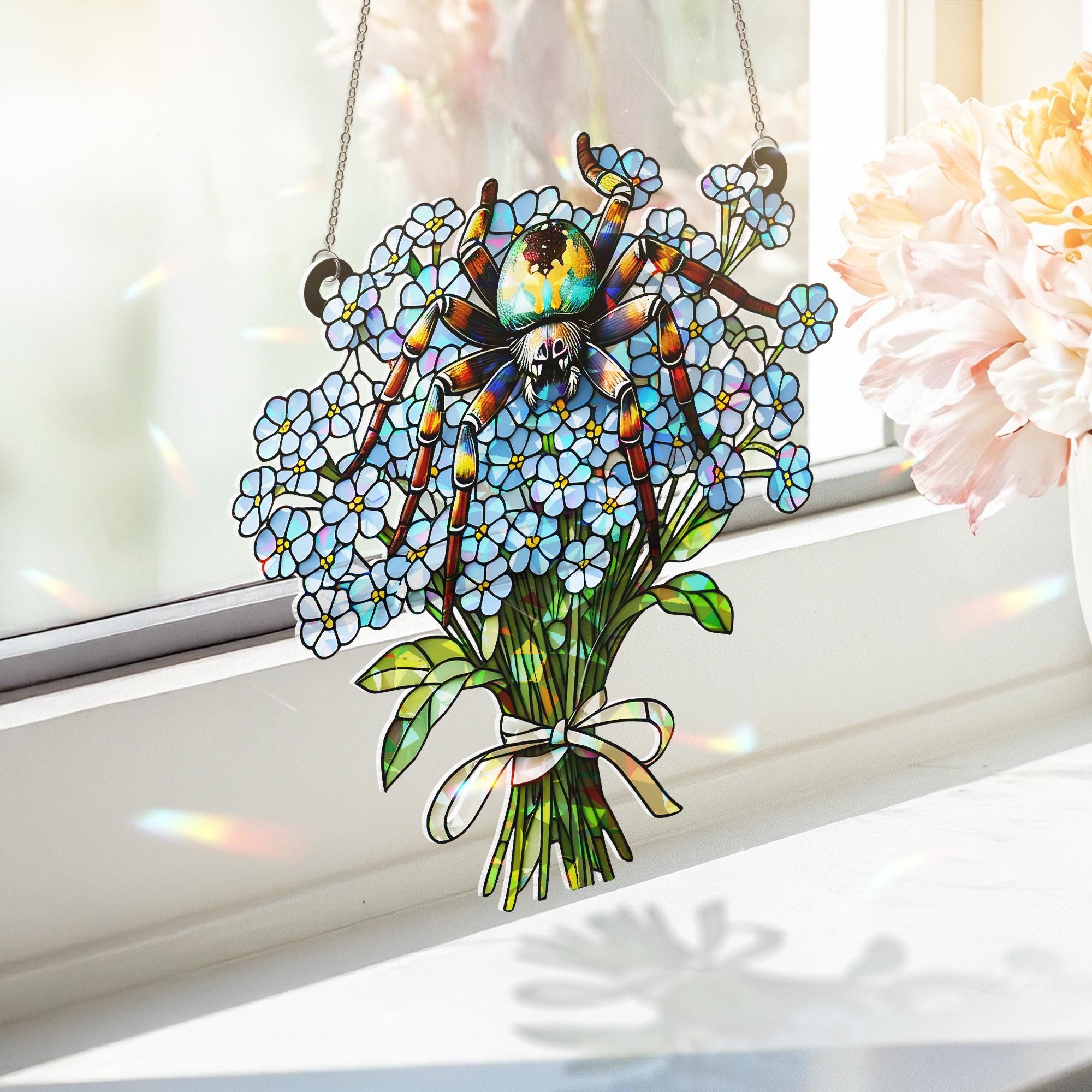 Spider & Forget-Me-Not Hologram Acrylic Window Hanging – Gothic Floral Decor – Mother's Day Gift – Flower and Nature Lover Art