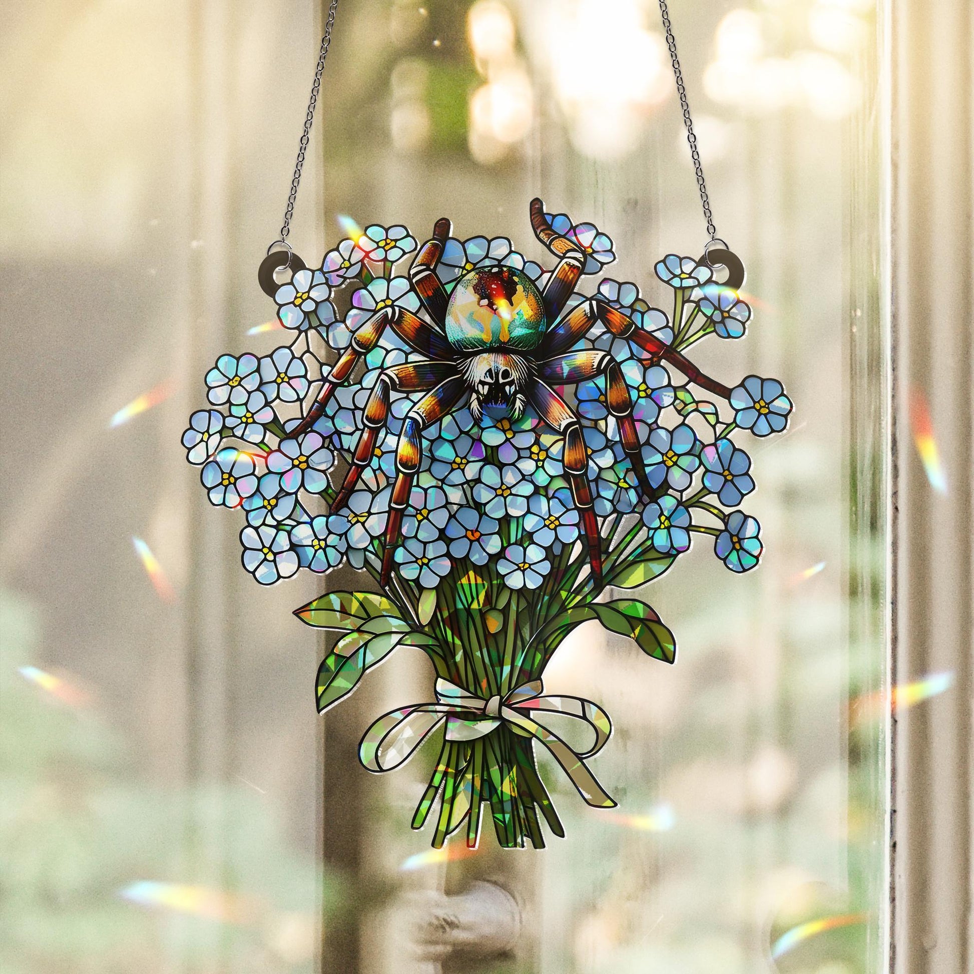 Spider & Forget-Me-Not Hologram Acrylic Window Hanging – Gothic Floral Decor – Mother's Day Gift – Flower and Nature Lover Art