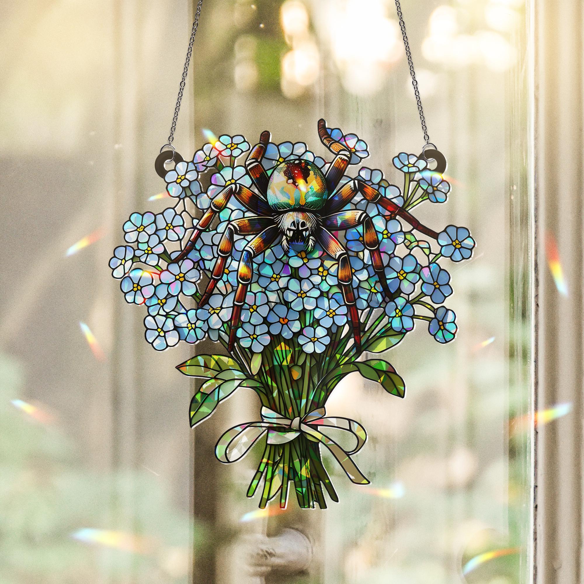 Spider & Forget-Me-Not Hologram Acrylic Window Hanging – Gothic Floral Decor – Mother's Day Gift – Flower and Nature Lover Art