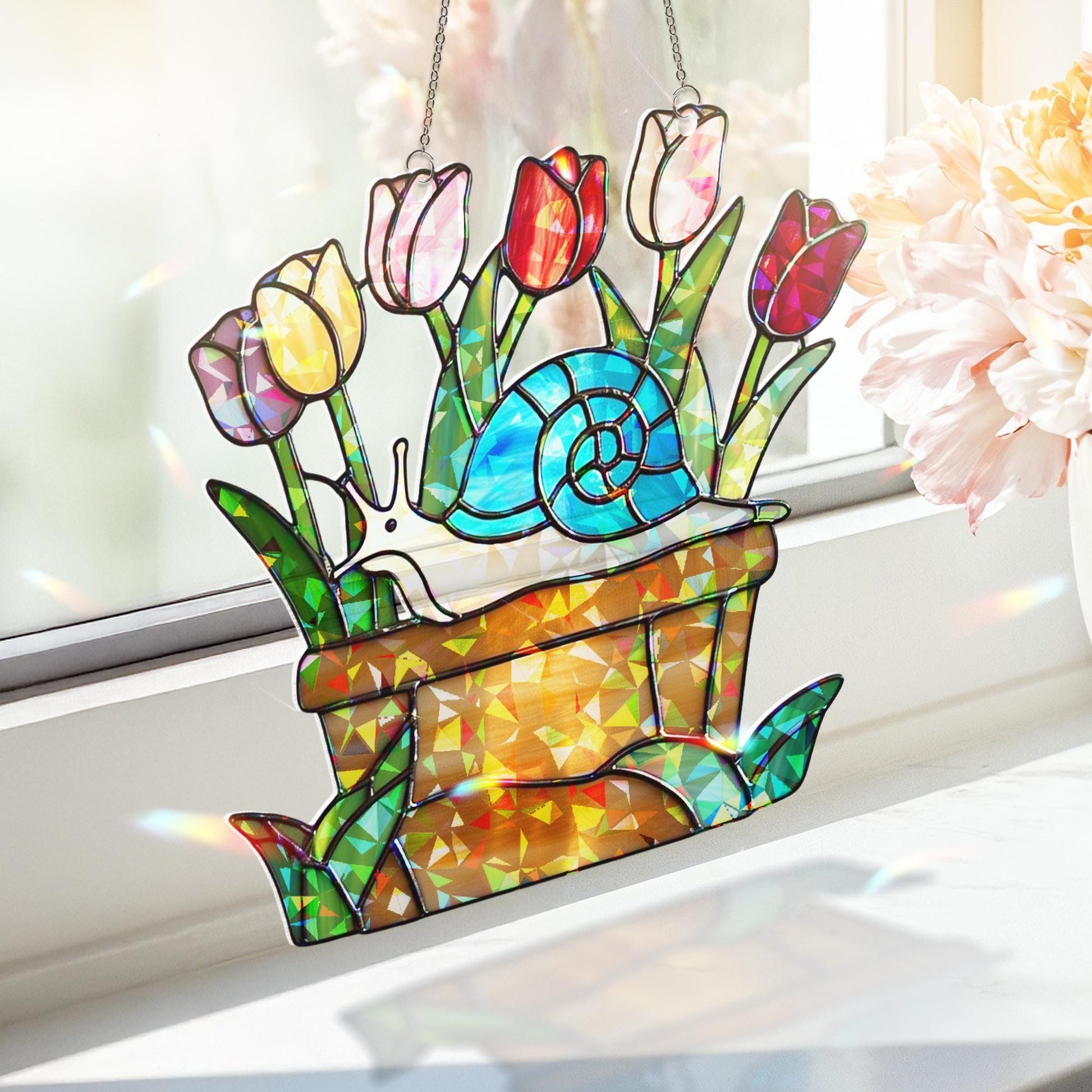 Tulip & Snail Hologram Acrylic Window Hanging – Whimsical Garden Decor – Mother’s Day Gift – Spring Flower Lover Wall Art