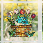 Tulip & Snail Hologram Acrylic Window Hanging – Whimsical Garden Decor – Mother’s Day Gift – Spring Flower Lover Wall Art