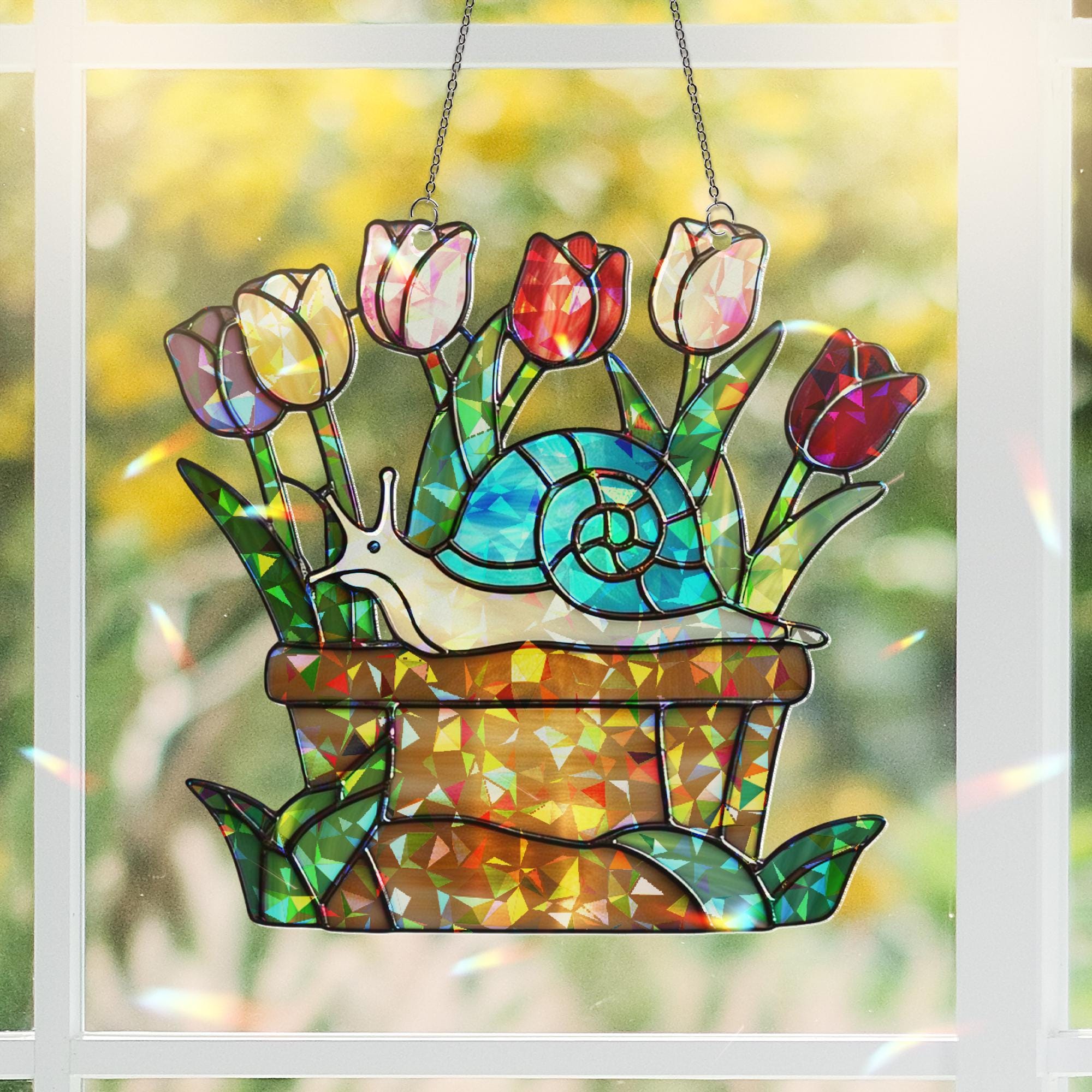 Tulip & Snail Hologram Acrylic Window Hanging – Whimsical Garden Decor – Mother’s Day Gift – Spring Flower Lover Wall Art