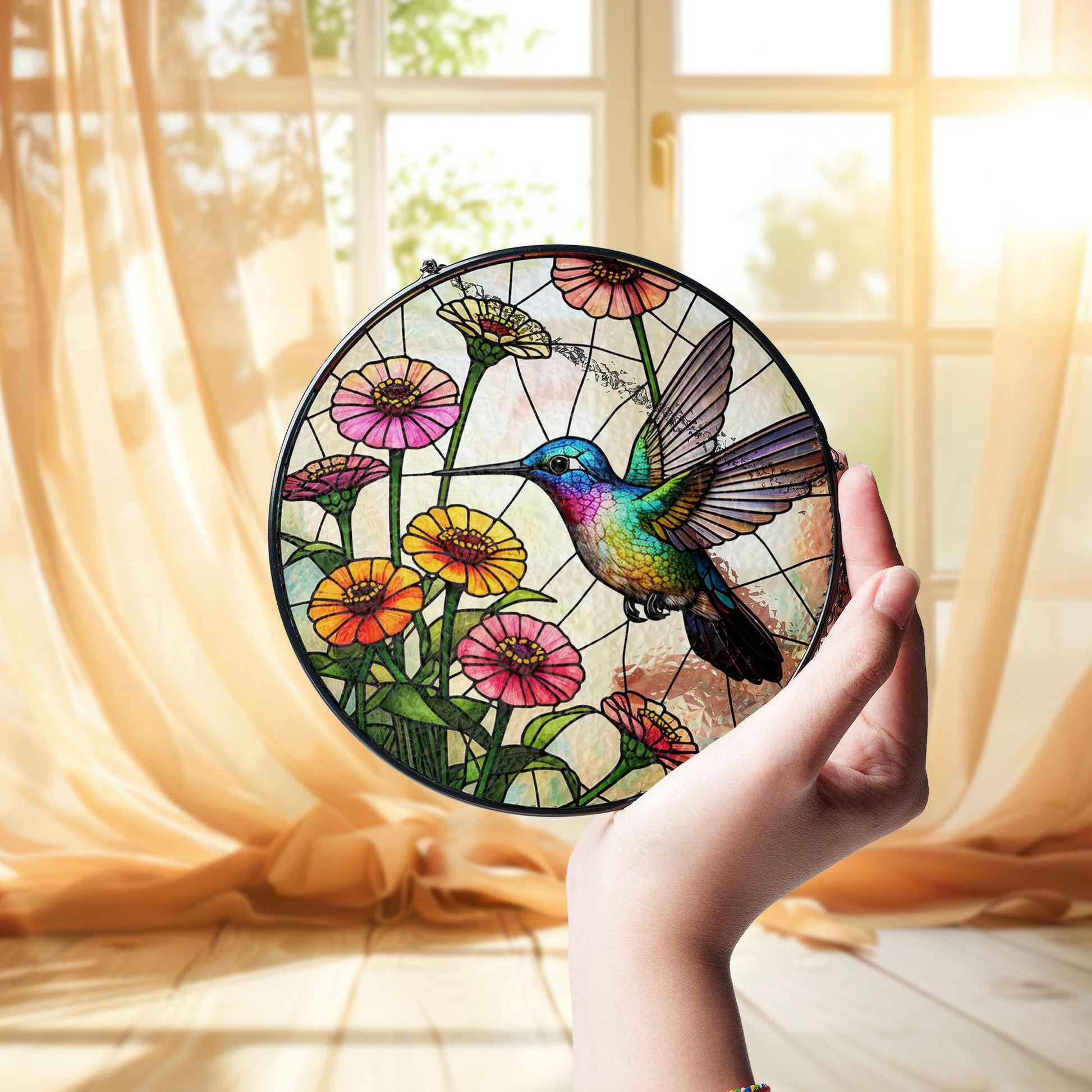 Hummingbird & Zinnias Glass Suncatcher – Vibrant Floral Window Decor – Mother’s Day Gift – Garden Lover Art – Nature Wall Hanging