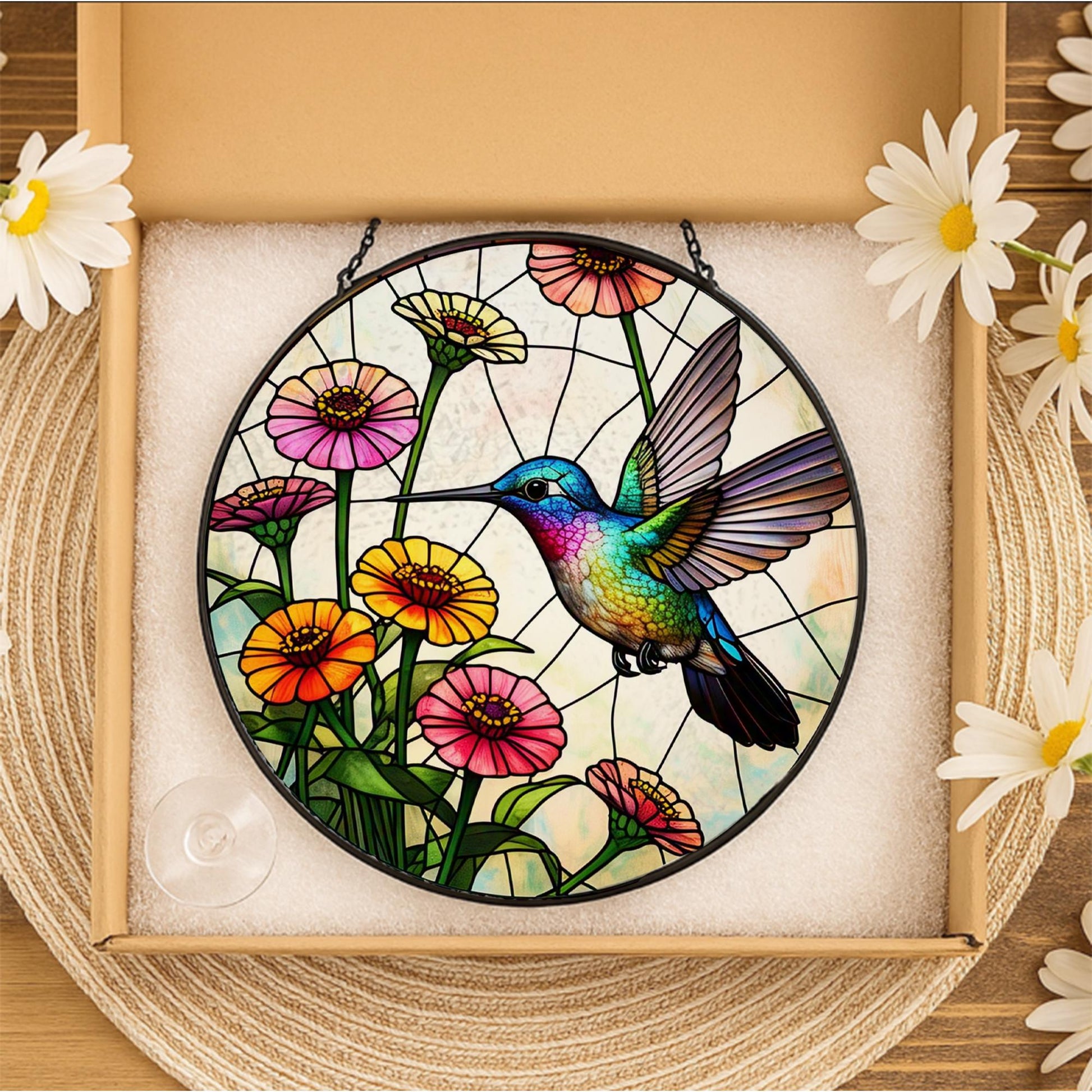 Hummingbird & Zinnias Glass Suncatcher – Vibrant Floral Window Decor – Mother’s Day Gift – Garden Lover Art – Nature Wall Hanging