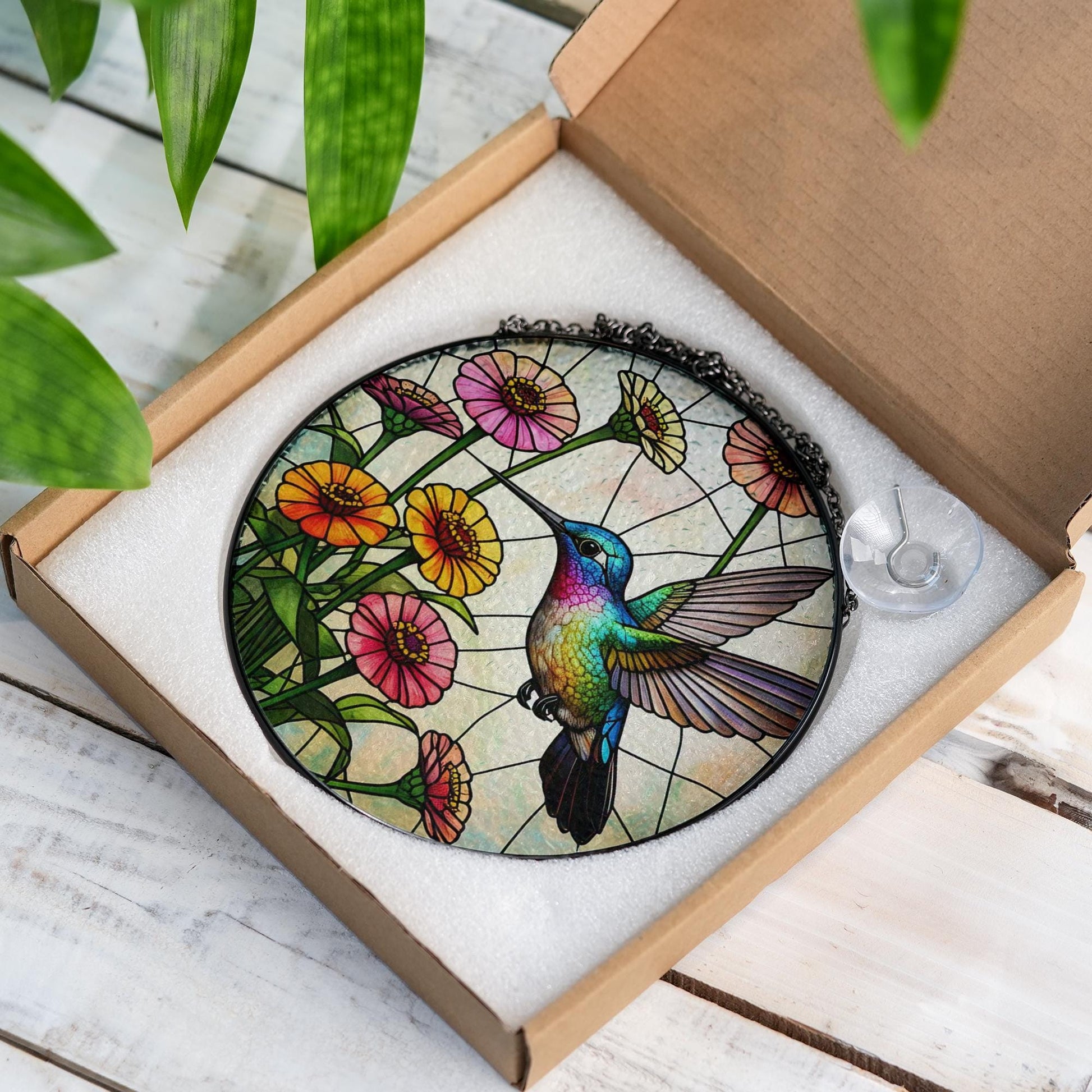 Hummingbird & Zinnias Glass Suncatcher – Vibrant Floral Window Decor – Mother’s Day Gift – Garden Lover Art – Nature Wall Hanging