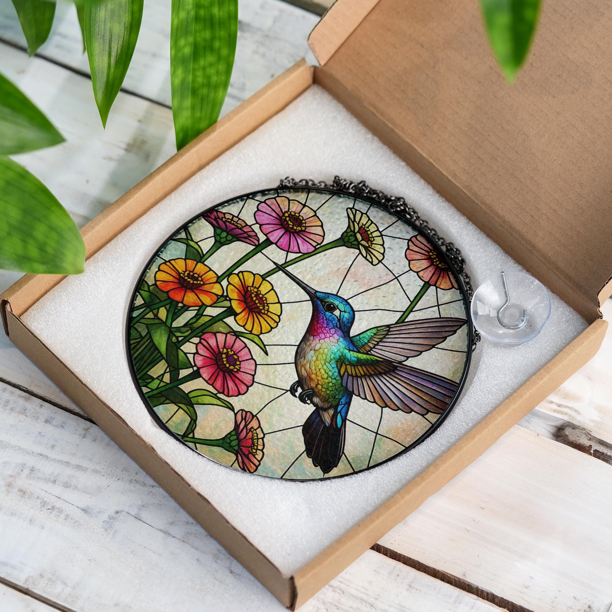 Hummingbird & Zinnias Glass Suncatcher – Vibrant Floral Window Decor – Mother’s Day Gift – Garden Lover Art – Nature Wall Hanging