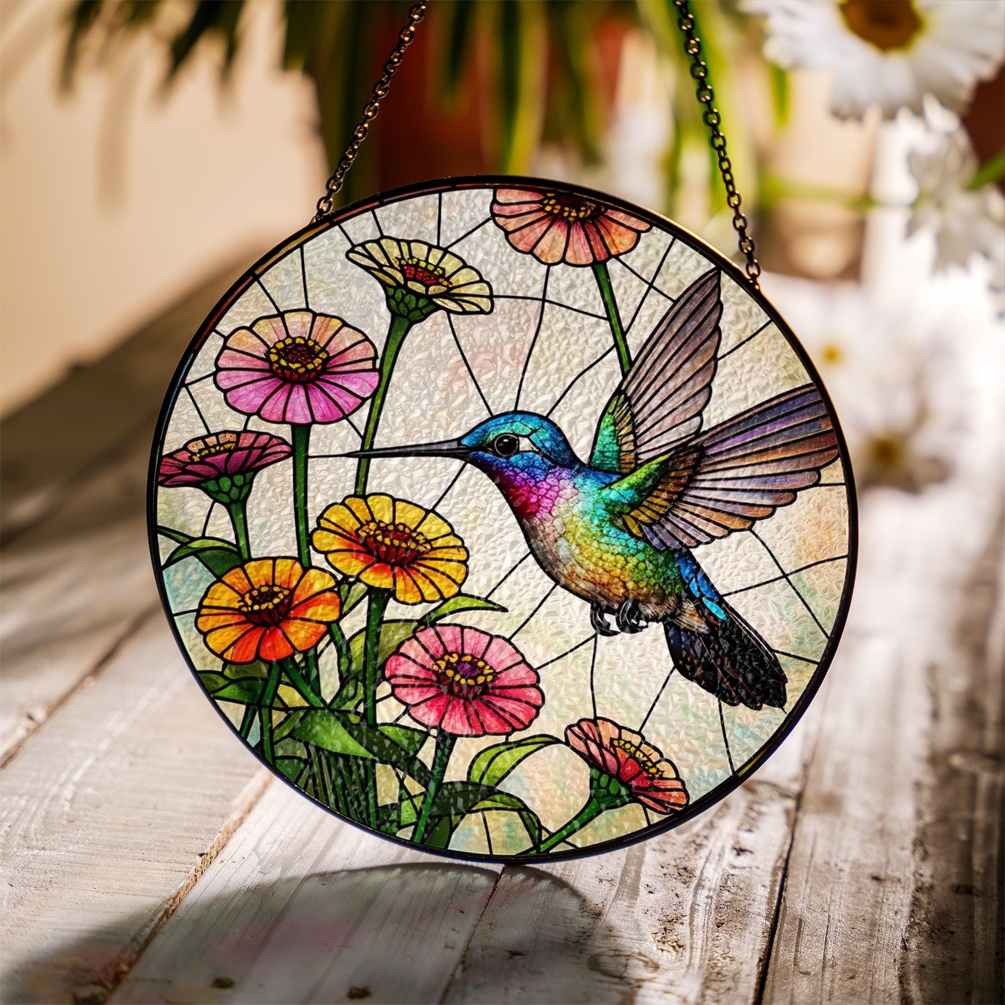 Hummingbird & Zinnias Glass Suncatcher – Vibrant Floral Window Decor – Mother’s Day Gift – Garden Lover Art – Nature Wall Hanging