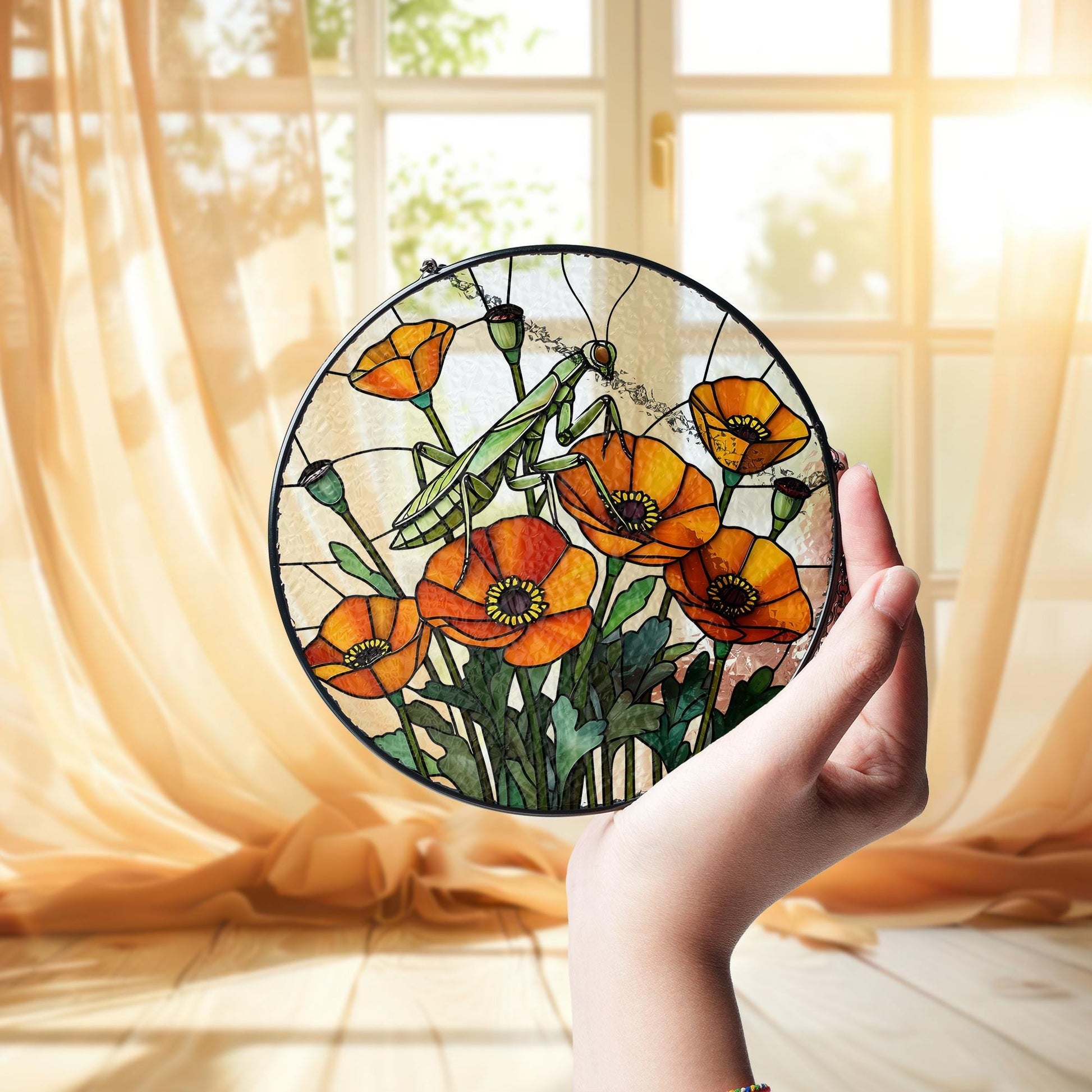Mantis & Poppy Glass Suncatcher – Bold Floral Insect Window Art – Nature Wall Decor – Mother’s Day Gift – Flower Lover Gift
