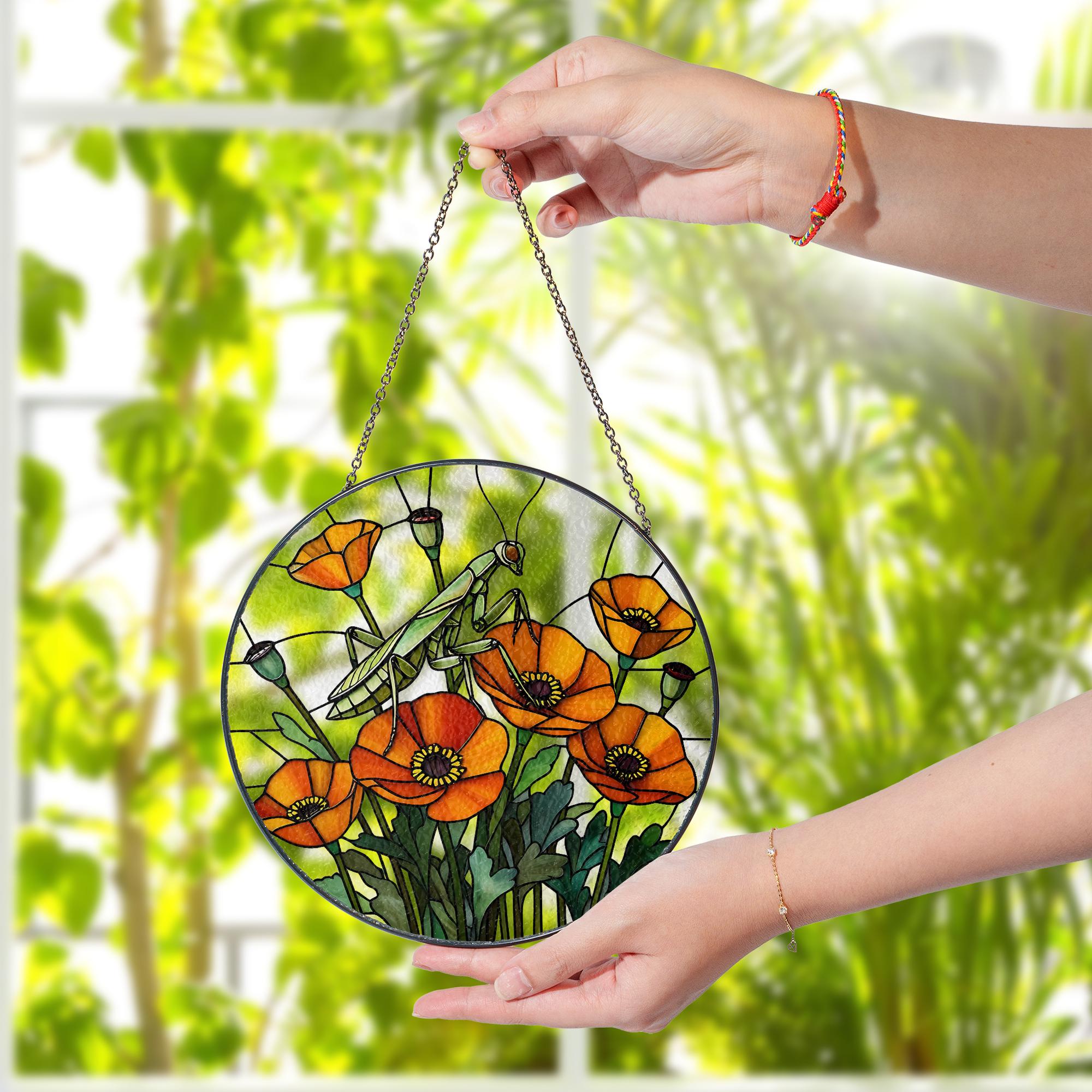 Mantis & Poppy Glass Suncatcher – Bold Floral Insect Window Art – Nature Wall Decor – Mother’s Day Gift – Flower Lover Gift