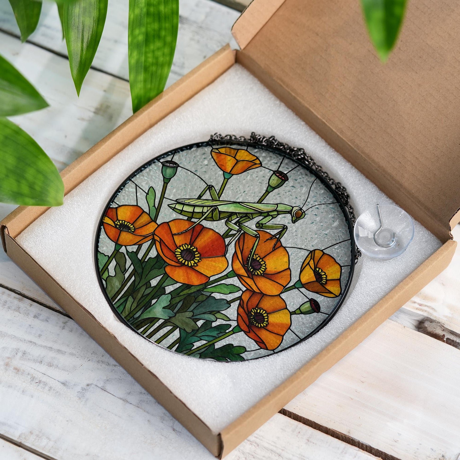 Mantis & Poppy Glass Suncatcher – Bold Floral Insect Window Art – Nature Wall Decor – Mother’s Day Gift – Flower Lover Gift