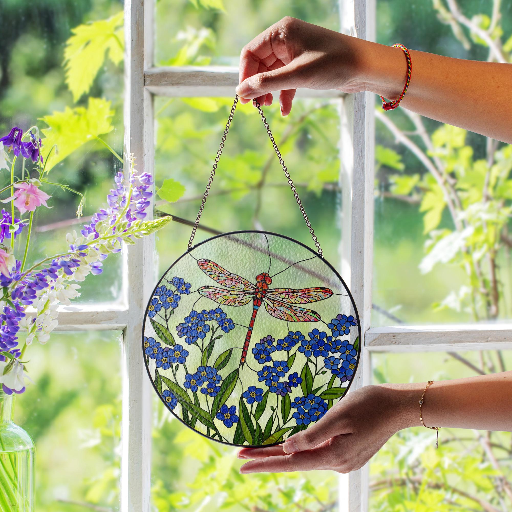 Dragonfly and Forget Me Not Glass Suncatcher - Handmade Floral Window Hanging - Glass Sun Catcher Gift for Garden or Nature Lovers