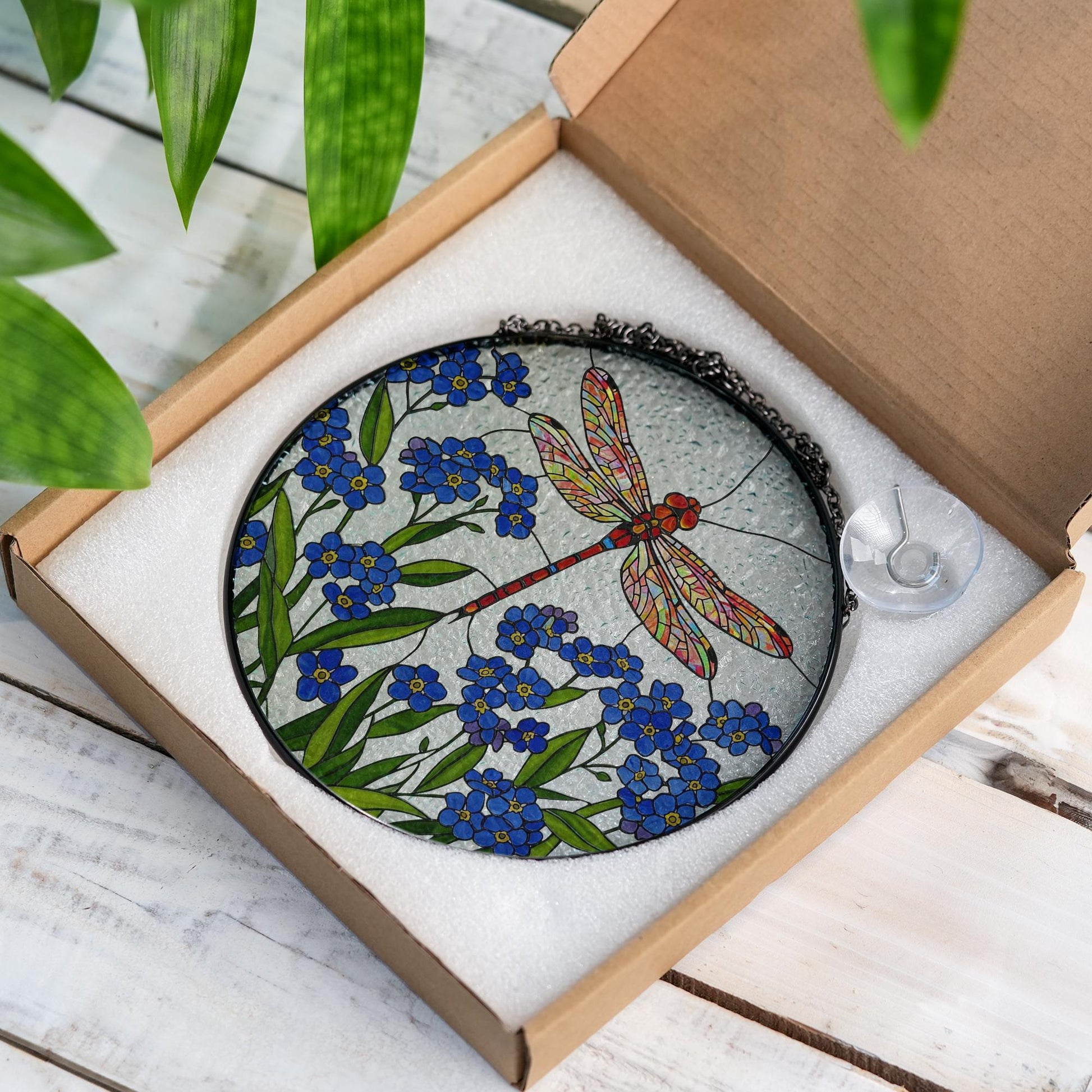 Dragonfly and Forget Me Not Glass Suncatcher - Handmade Floral Window Hanging - Glass Sun Catcher Gift for Garden or Nature Lovers