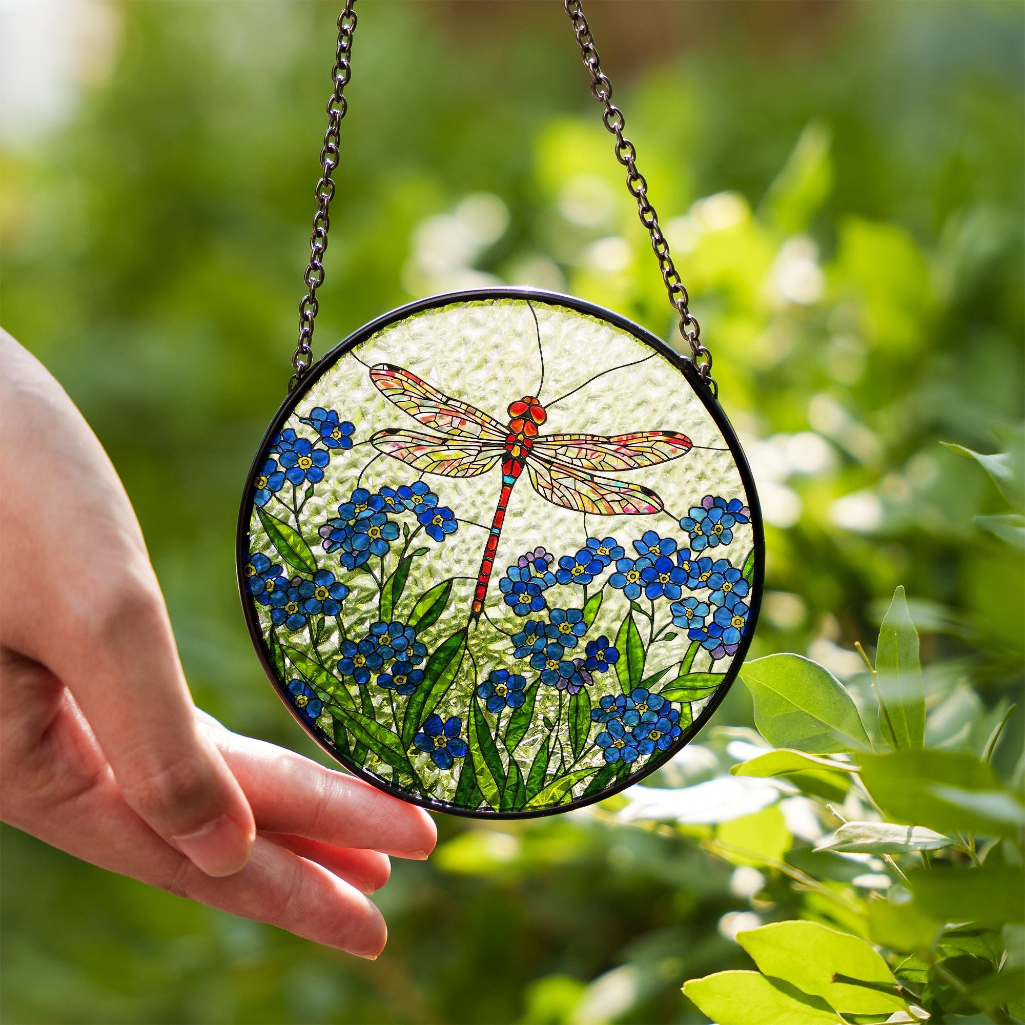 Dragonfly and Forget Me Not Glass Suncatcher - Handmade Floral Window Hanging - Glass Sun Catcher Gift for Garden or Nature Lovers
