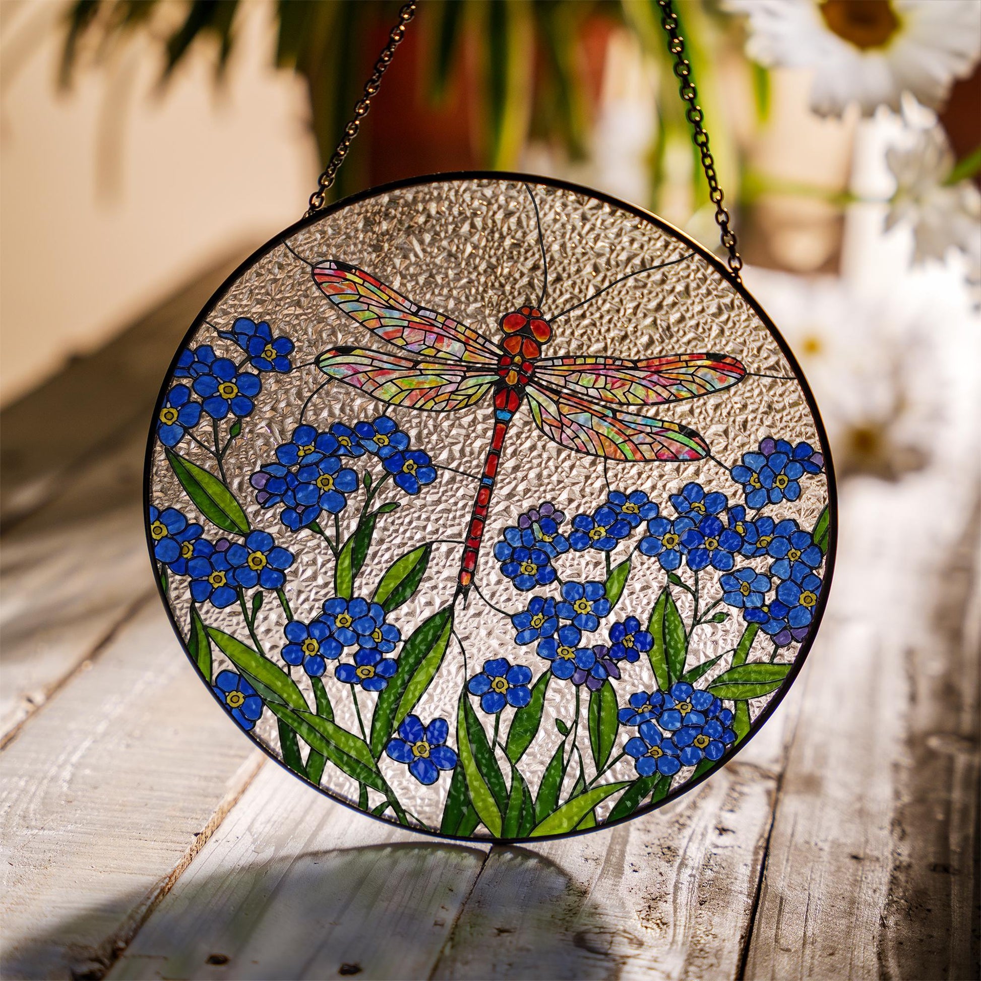 Dragonfly and Forget Me Not Glass Suncatcher - Handmade Floral Window Hanging - Glass Sun Catcher Gift for Garden or Nature Lovers