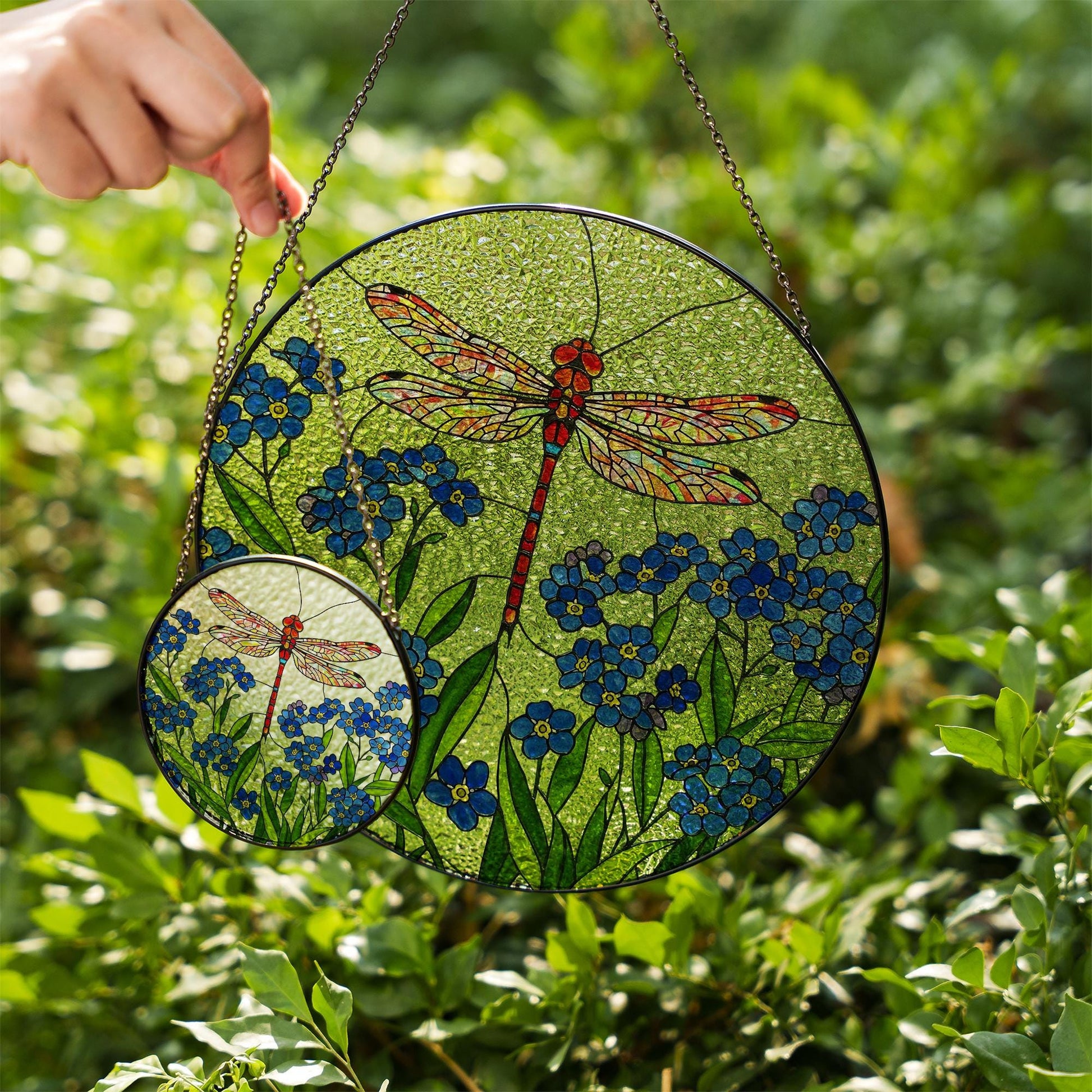 Dragonfly and Forget Me Not Glass Suncatcher - Handmade Floral Window Hanging - Glass Sun Catcher Gift for Garden or Nature Lovers