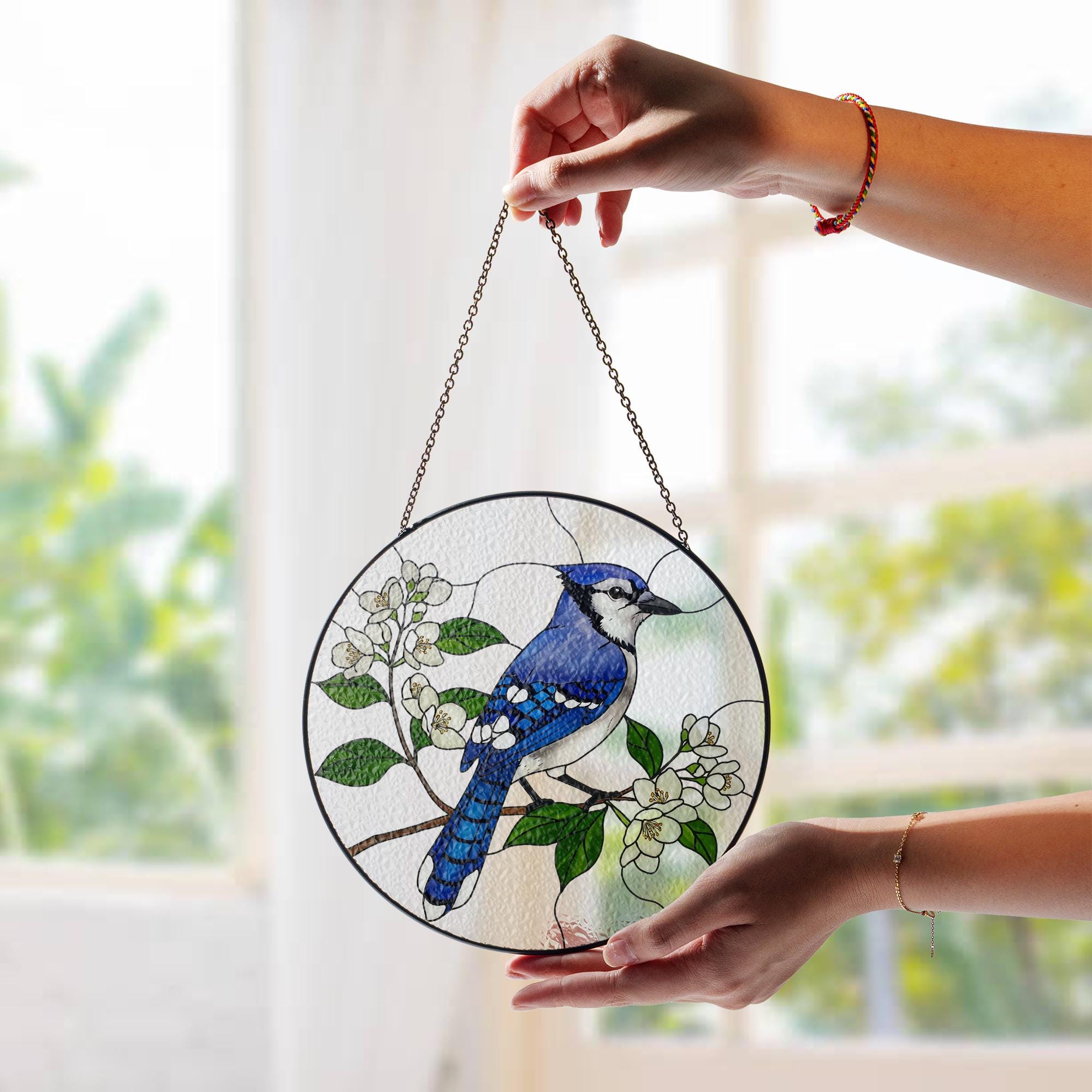 Blue Jay And Jasmine Flower Glass Suncatcher, Bird Suncatcher, Nature Decor, Blue Bird Gift, Wildlife Lover, Garden Accent, Gift For Mom