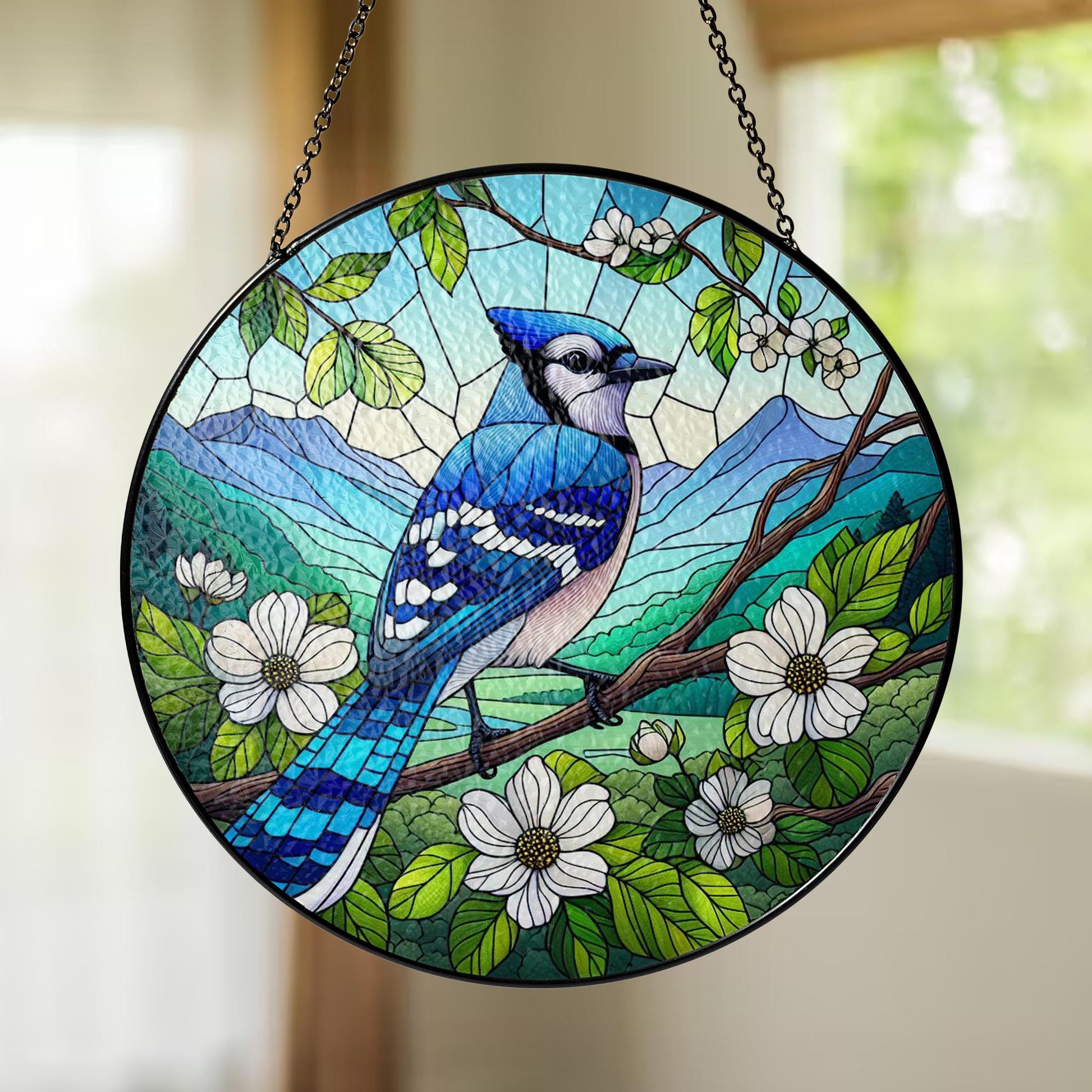 Blue Jay And Dogwood Glass Suncatcher – Bird Window Hanging with Blossoms & Mountain View – Nature Lover Home Gift, Gift For Mom