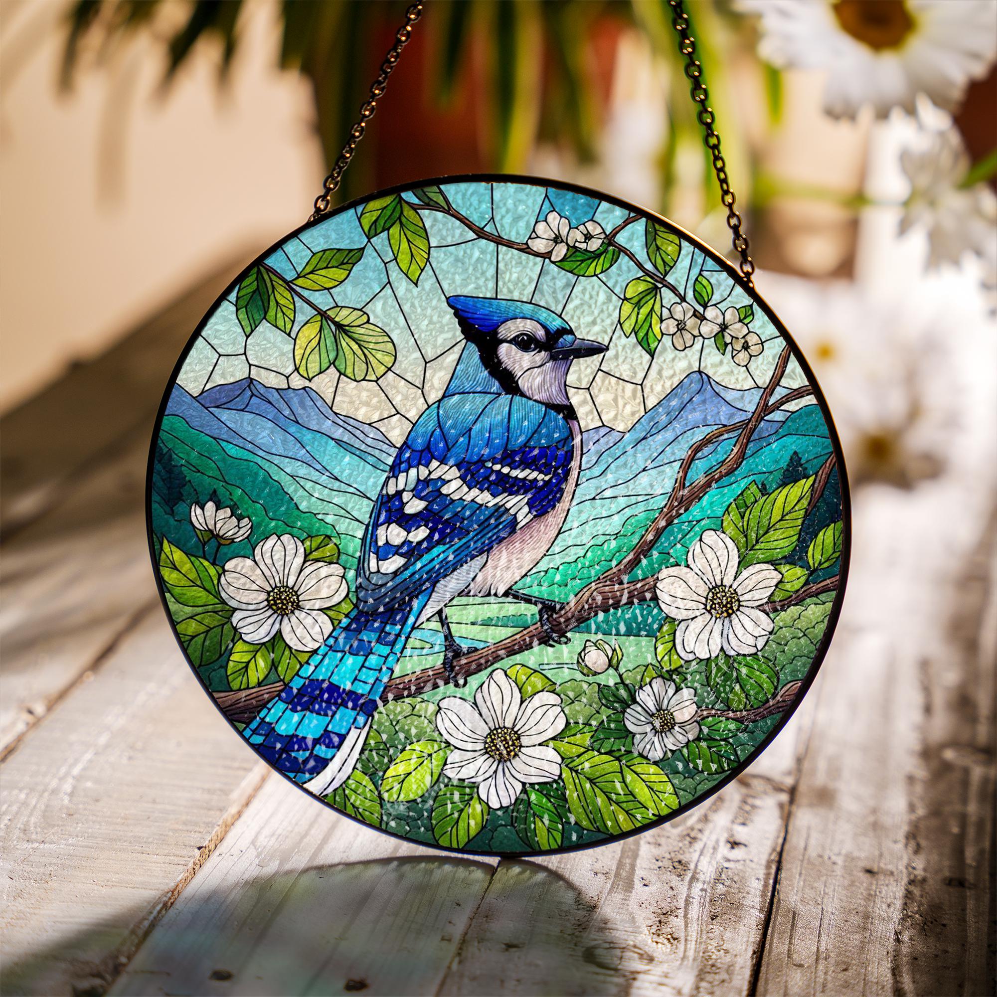 Blue Jay And Dogwood Glass Suncatcher – Bird Window Hanging with Blossoms & Mountain View – Nature Lover Home Gift, Gift For Mom
