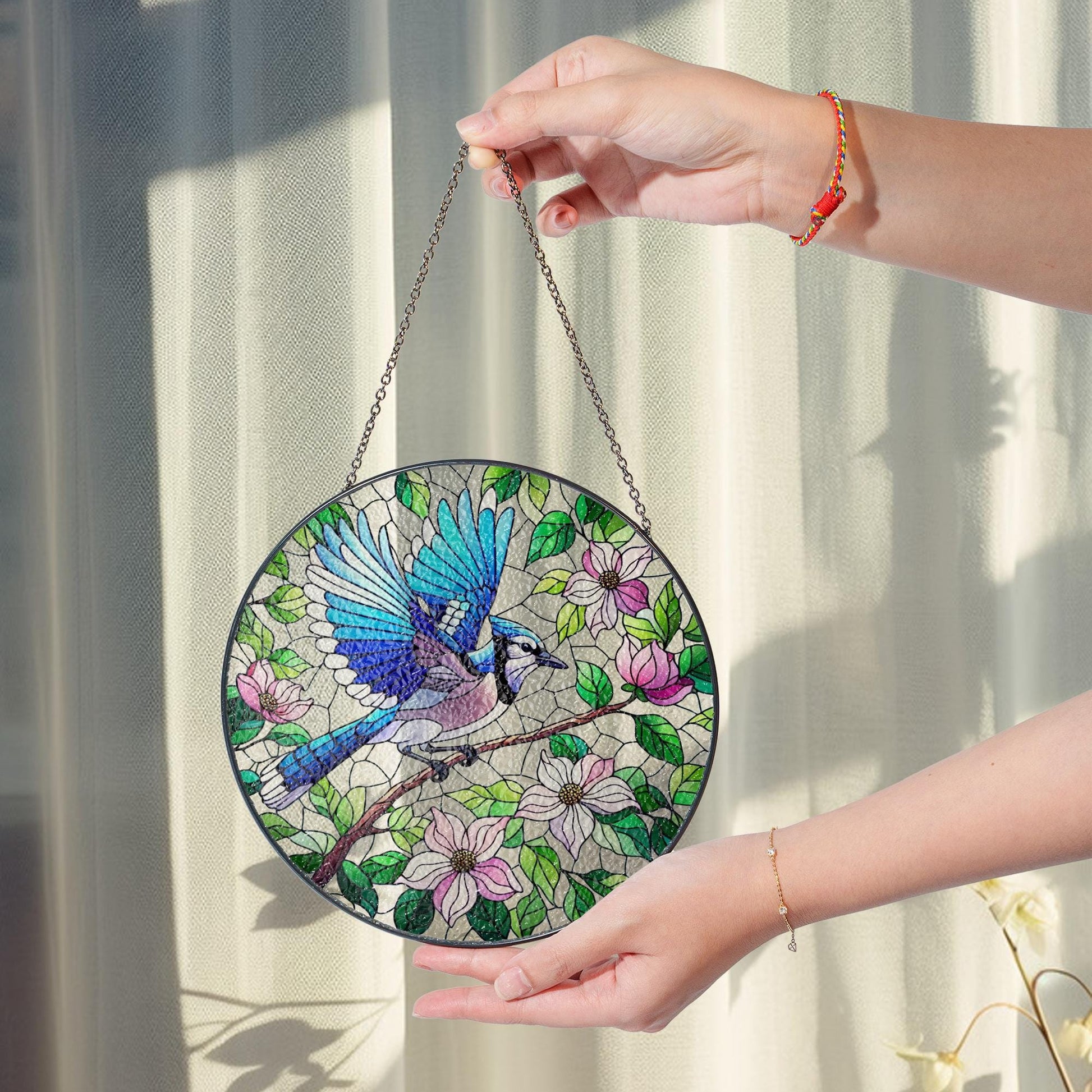 Blue Jay & Dogwood Glass Suncatcher – Bird and Flower Window Art – Mother’s Day Gift – Nature Lover Decor – Garden Sun Catcher