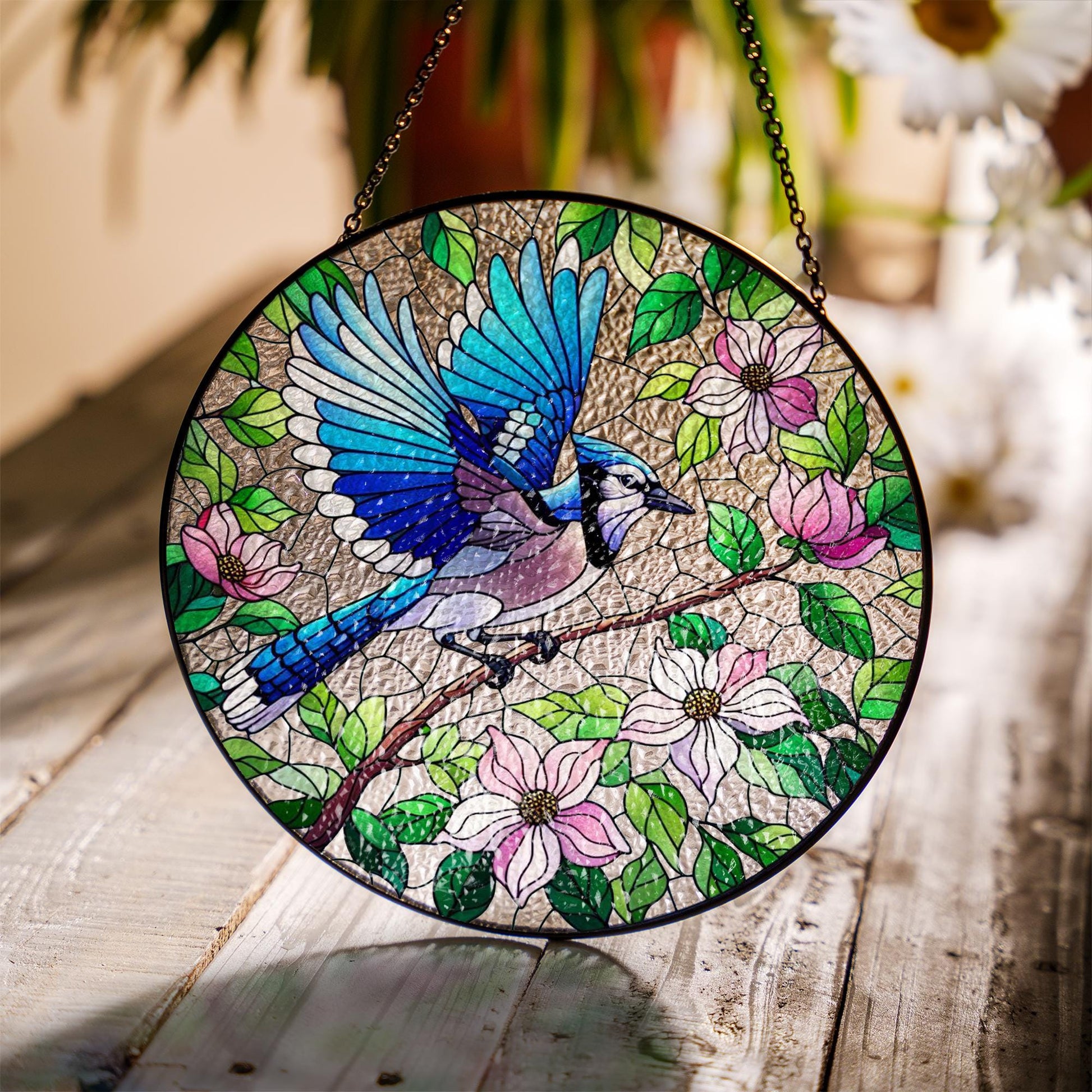 Blue Jay & Dogwood Glass Suncatcher – Bird and Flower Window Art – Mother’s Day Gift – Nature Lover Decor – Garden Sun Catcher