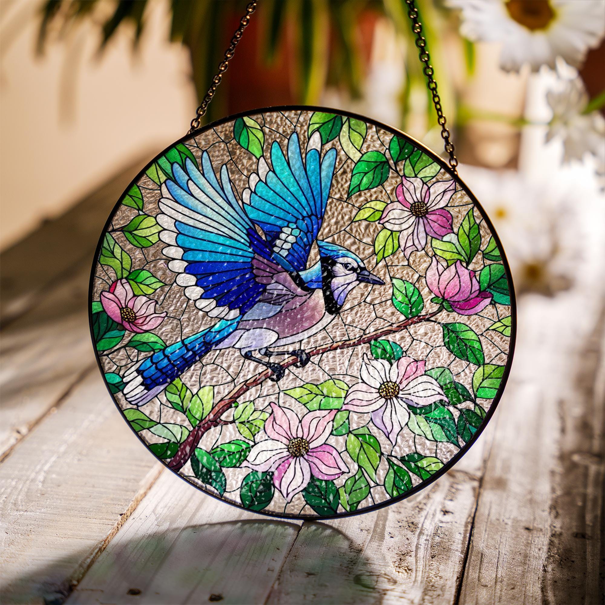 Blue Jay & Dogwood Glass Suncatcher – Bird and Flower Window Art – Mother’s Day Gift – Nature Lover Decor – Garden Sun Catcher