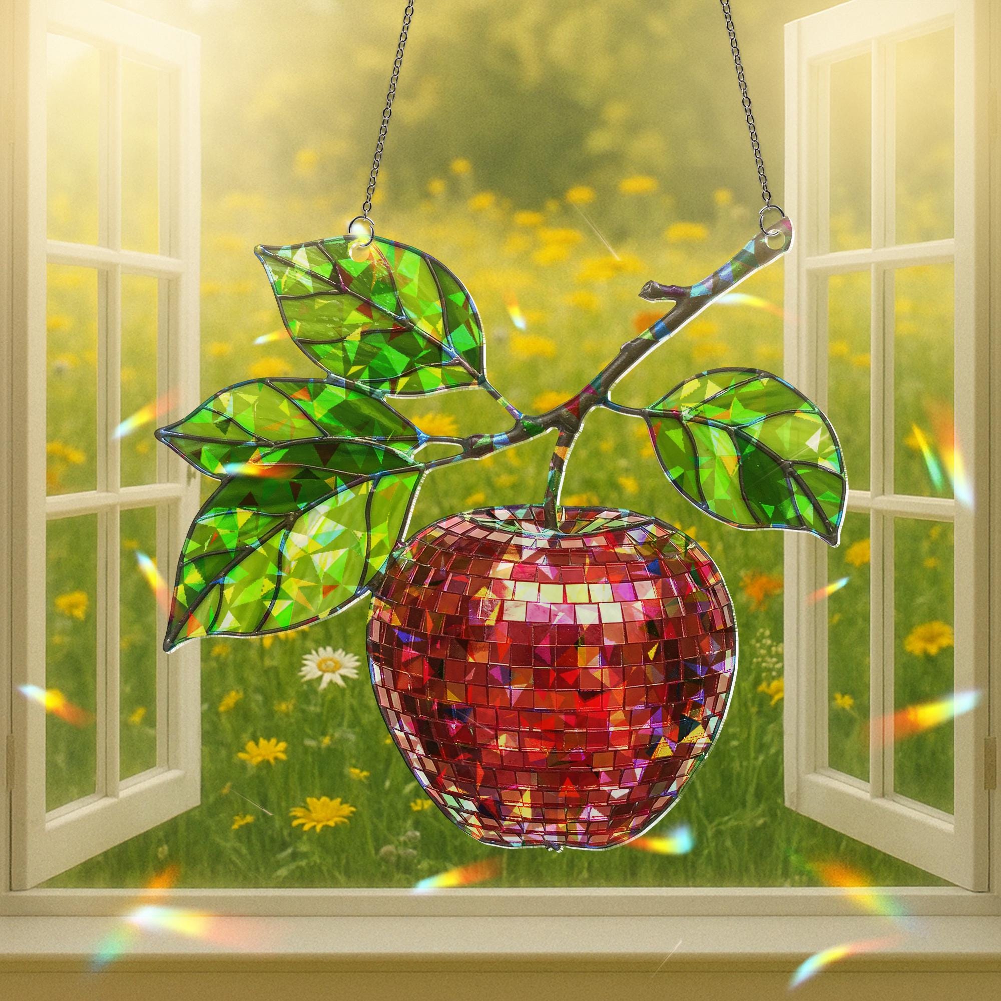 Disco Apple Holographic Suncatcher - Teacher Gift Window Decor - Acrylic Sun Catcher for Classroom or Office - End of Year Thank You Gift