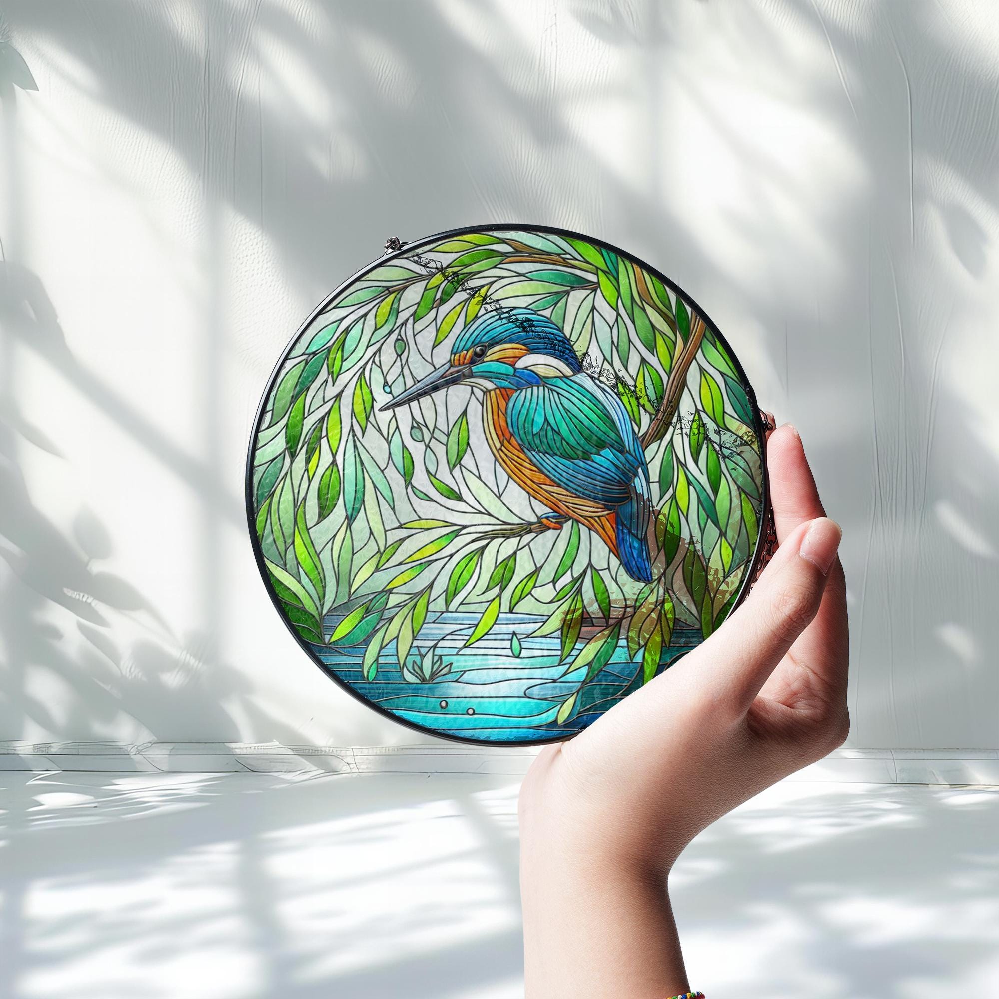 Kingfisher & Willow Glass Suncatcher – Tranquil Bird and Tree Window Art – Mother’s Day Gift – Nature Decor – Flower Lover Gift