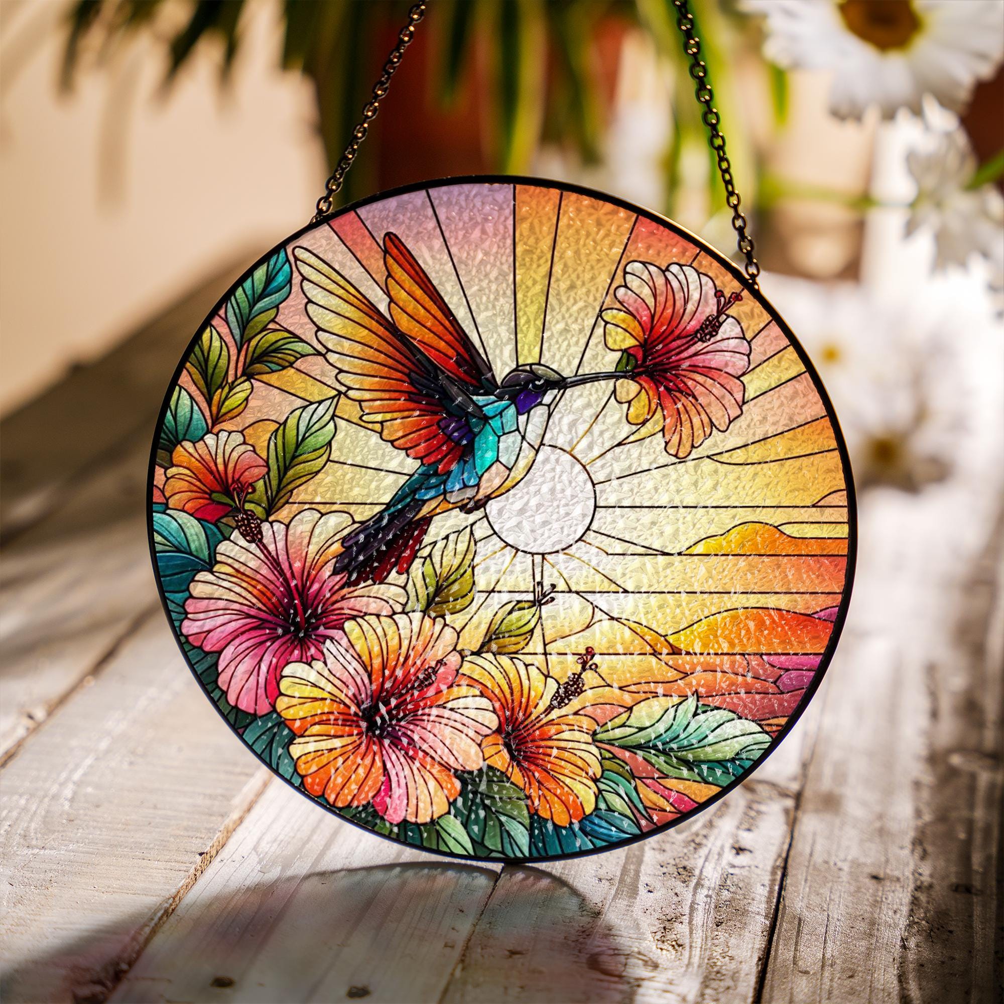 Hummingbird And Hibiscus Flowers Glass Suncatcher – Bird Suncatcher - Boho Nature Home Decor Gift, Nature Lover Home Gift, Gift For Mom
