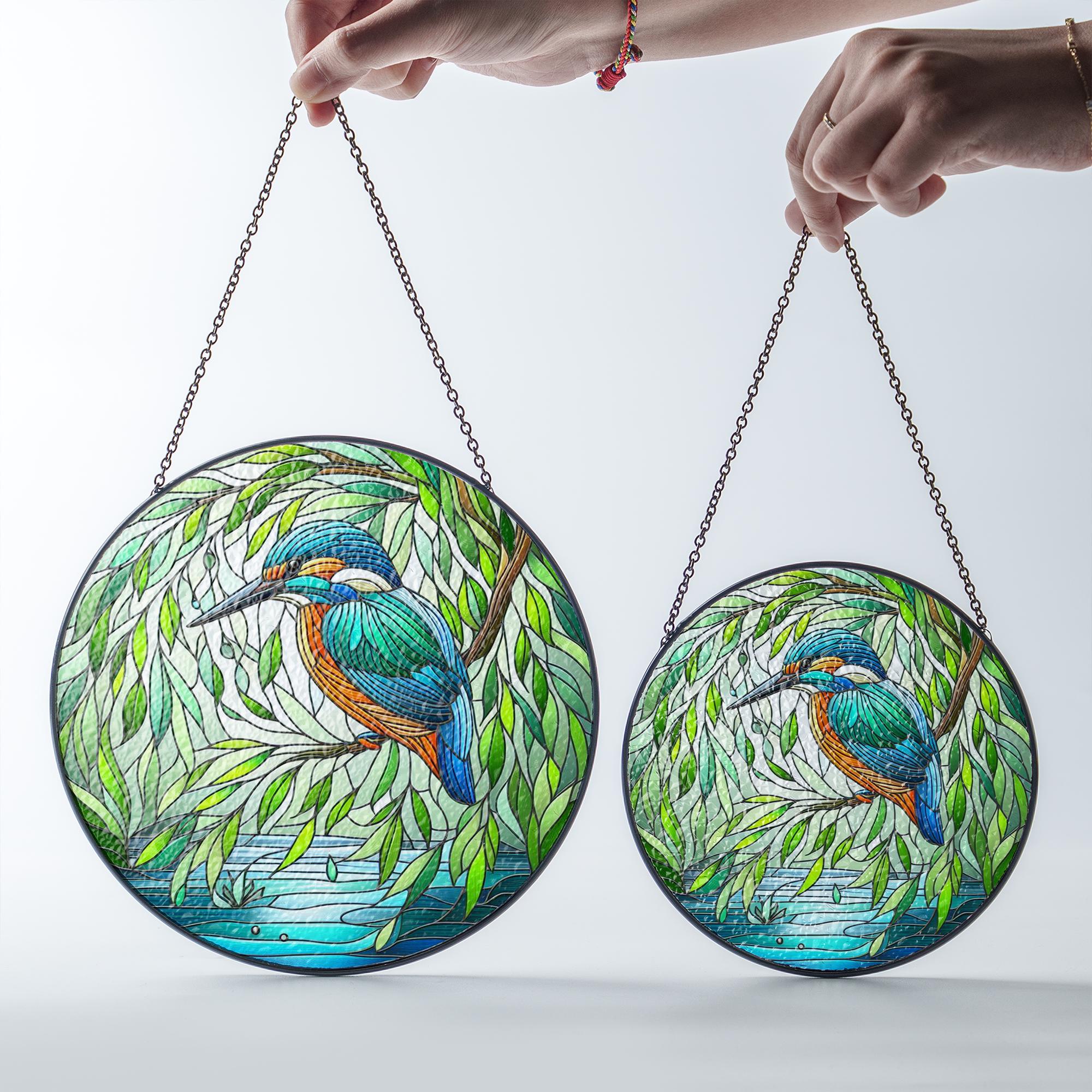 Kingfisher & Willow Glass Suncatcher – Tranquil Bird and Tree Window Art – Mother’s Day Gift – Nature Decor – Flower Lover Gift