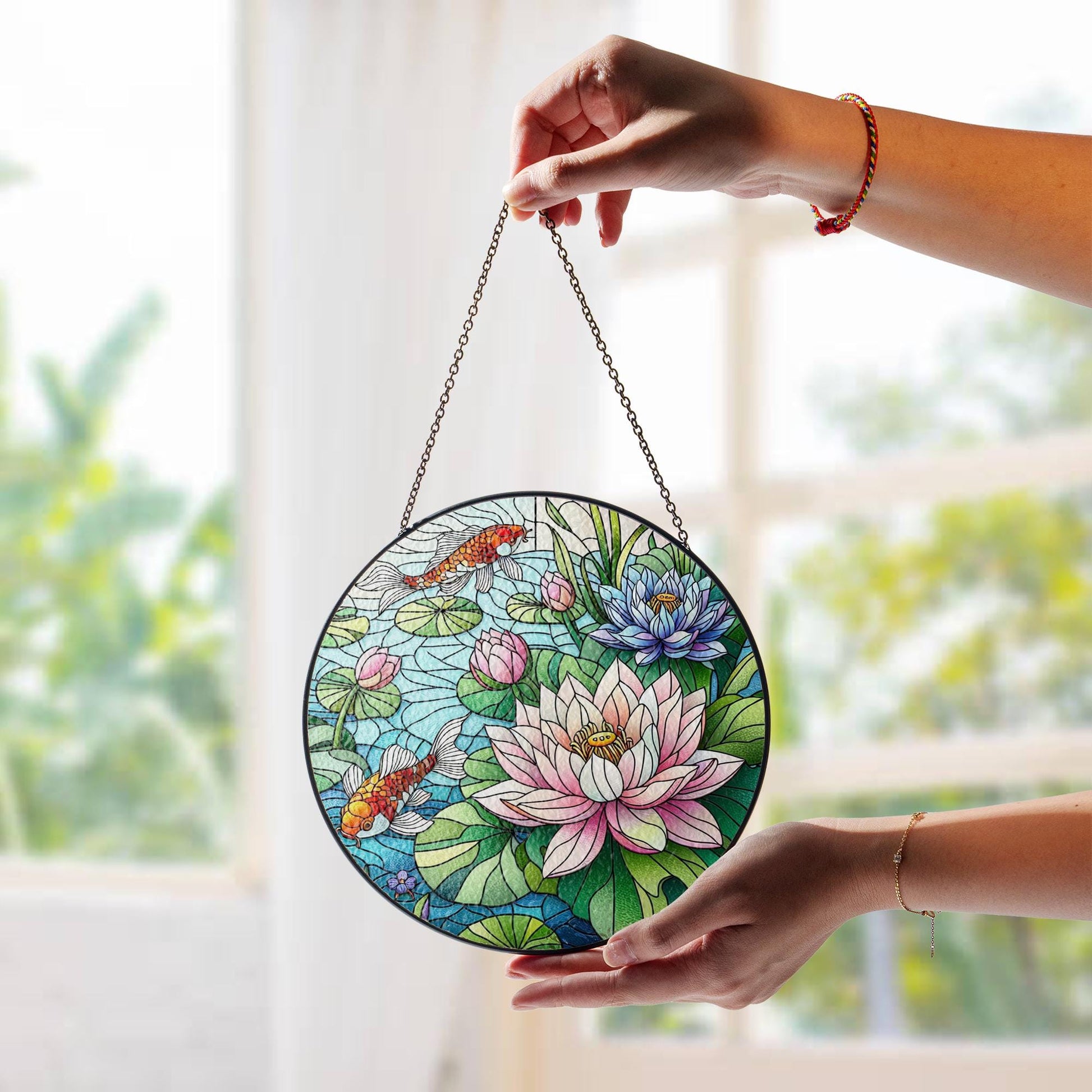 Lotus Flower & Koi Fish Glass Suncatcher – Tranquil Zen Window Art – Mother’s Day Gift – Floral Nature Decor – Garden Lover Gift