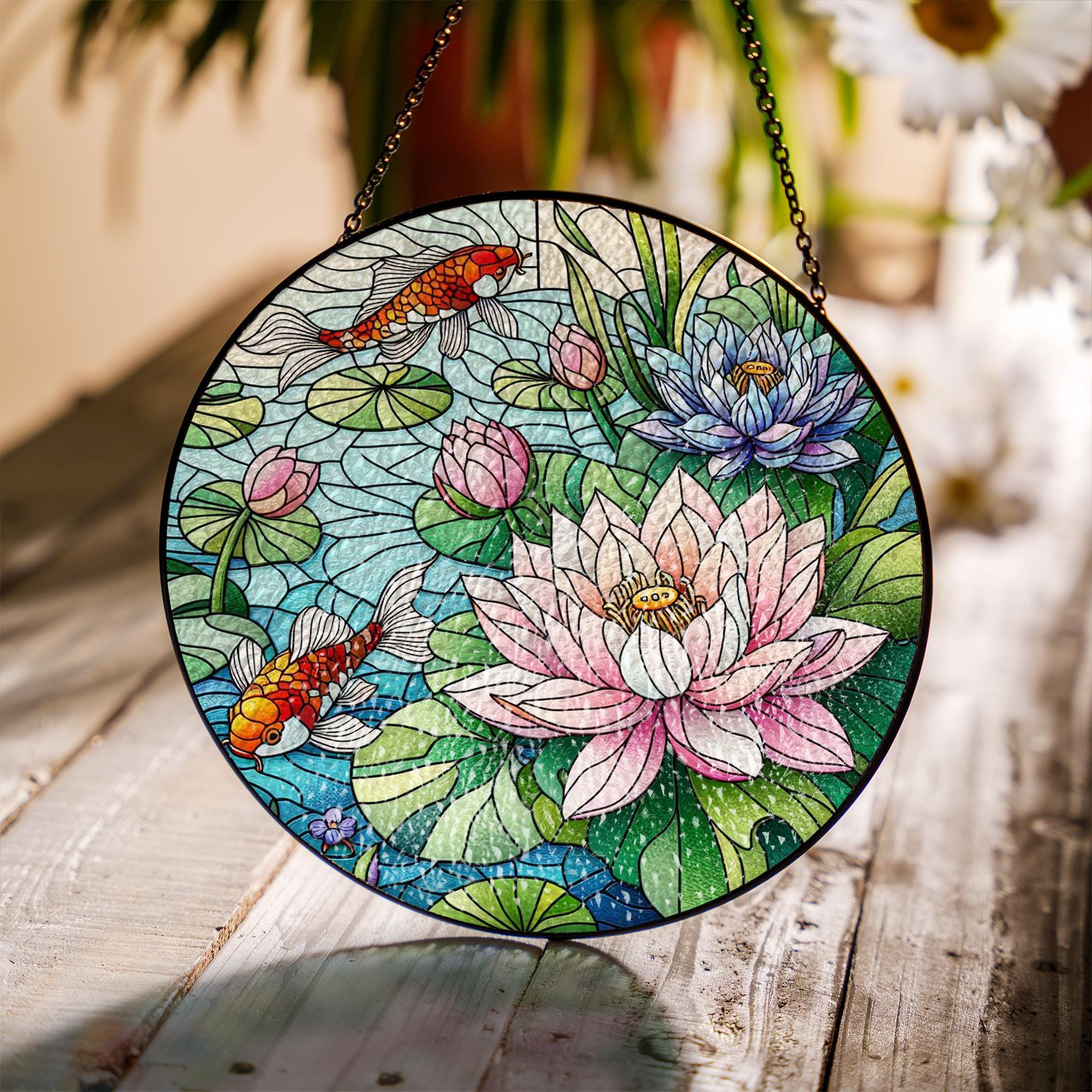 Lotus Flower & Koi Fish Glass Suncatcher – Tranquil Zen Window Art – Mother’s Day Gift – Floral Nature Decor – Garden Lover Gift