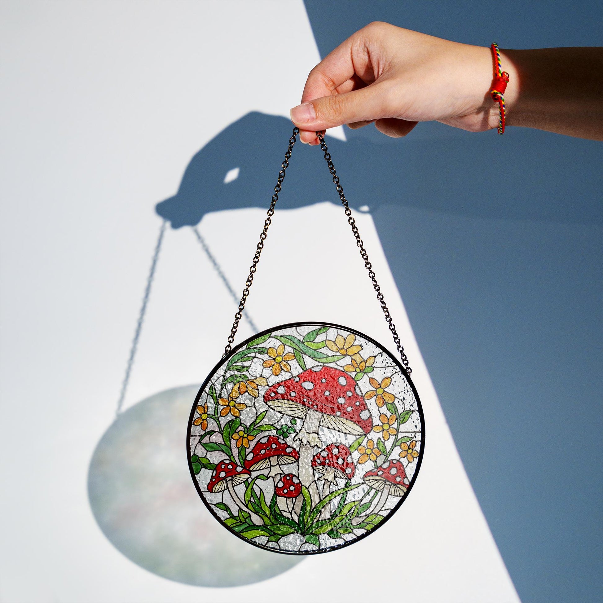 Whimsical Mushroom Glass Suncatcher – Red Toadstool Glass, Window Hanging with Floral Forest – Cottagecore Decor Gift, Mushroom Lover Gift
