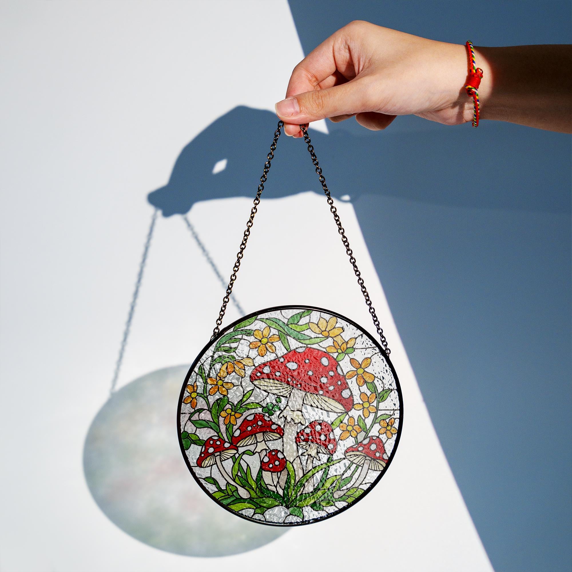 Whimsical Mushroom Glass Suncatcher – Red Toadstool Glass, Window Hanging with Floral Forest – Cottagecore Decor Gift, Mushroom Lover Gift
