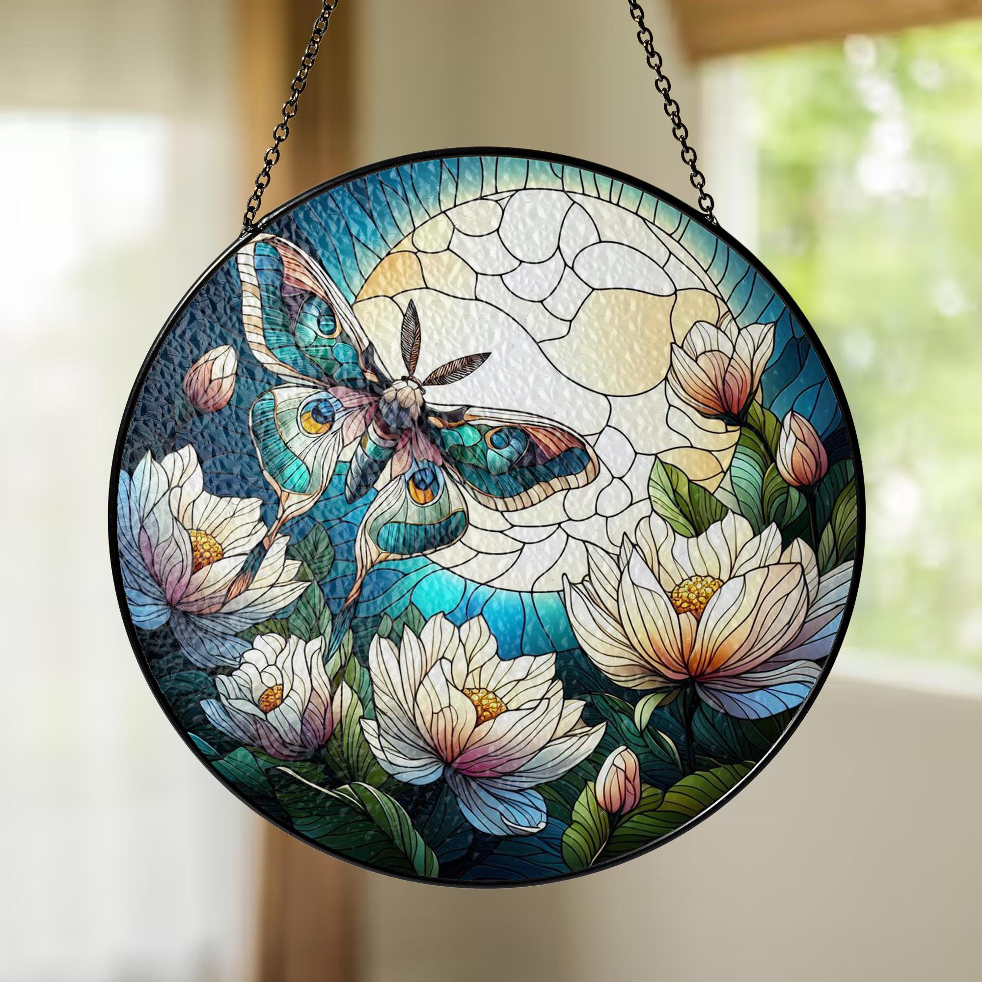 Luna Moth & Moonflower Glass Suncatcher – Mystical Nature Window Art – Mother’s Day Gift – Botanical Insect Decor – Flower Lover Gift