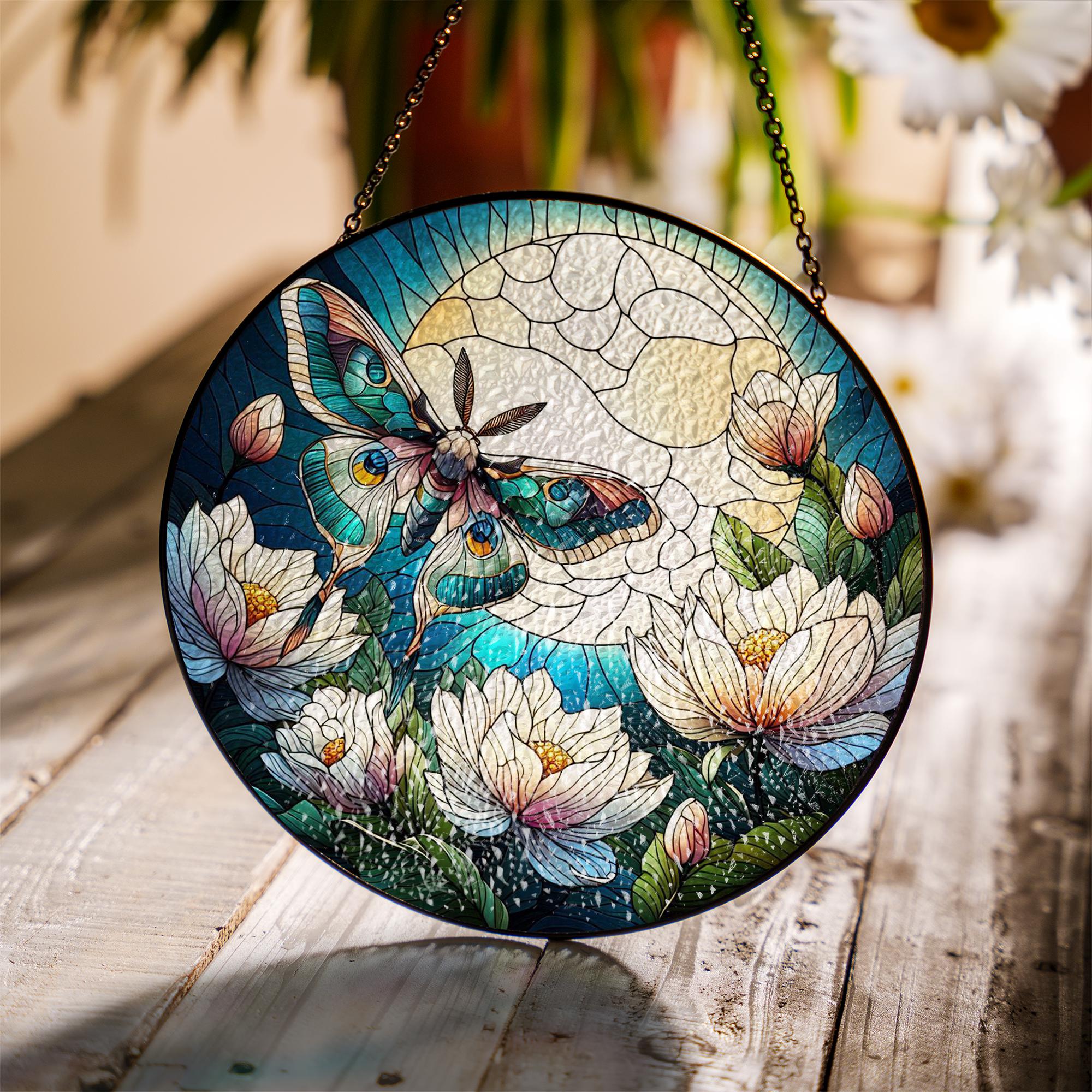Luna Moth & Moonflower Glass Suncatcher – Mystical Nature Window Art – Mother’s Day Gift – Botanical Insect Decor – Flower Lover Gift