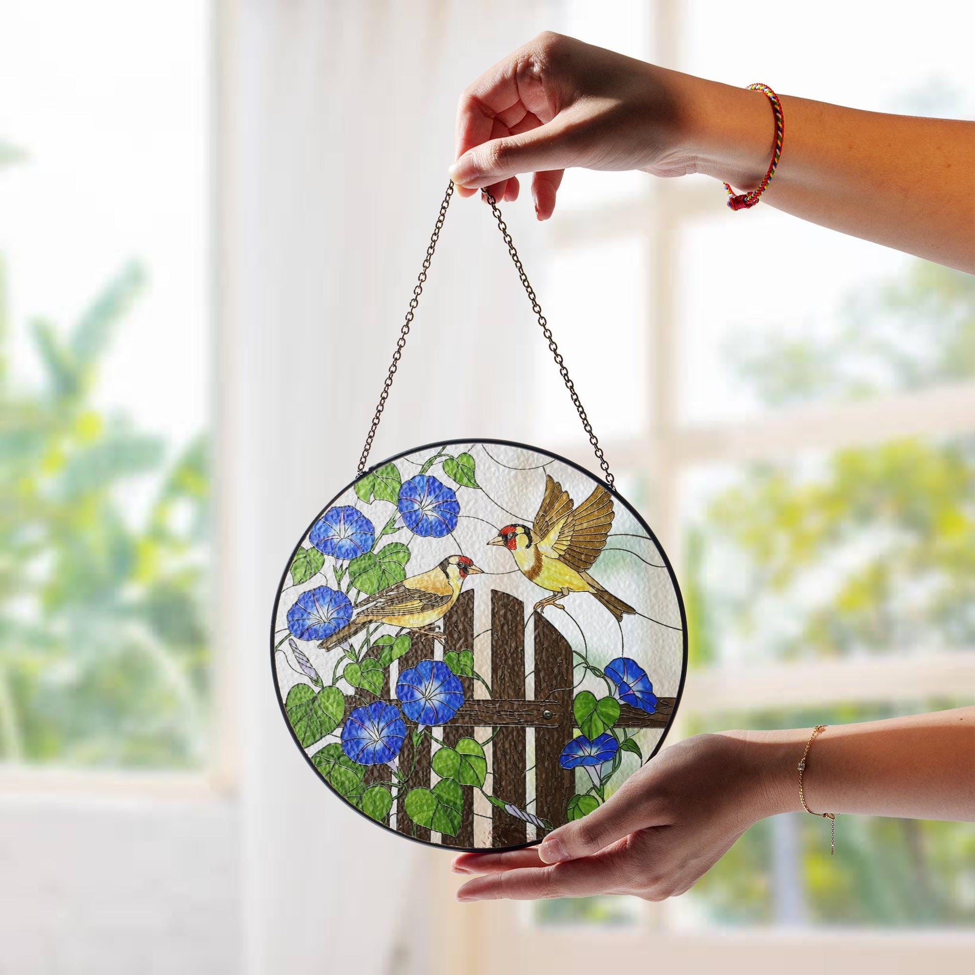 Goldfinch Birds and Morning Glory Flower Glass Suncatcher – Cottagecore Nature Home Decor – Nature Lover Home Gift, Gift For Mom