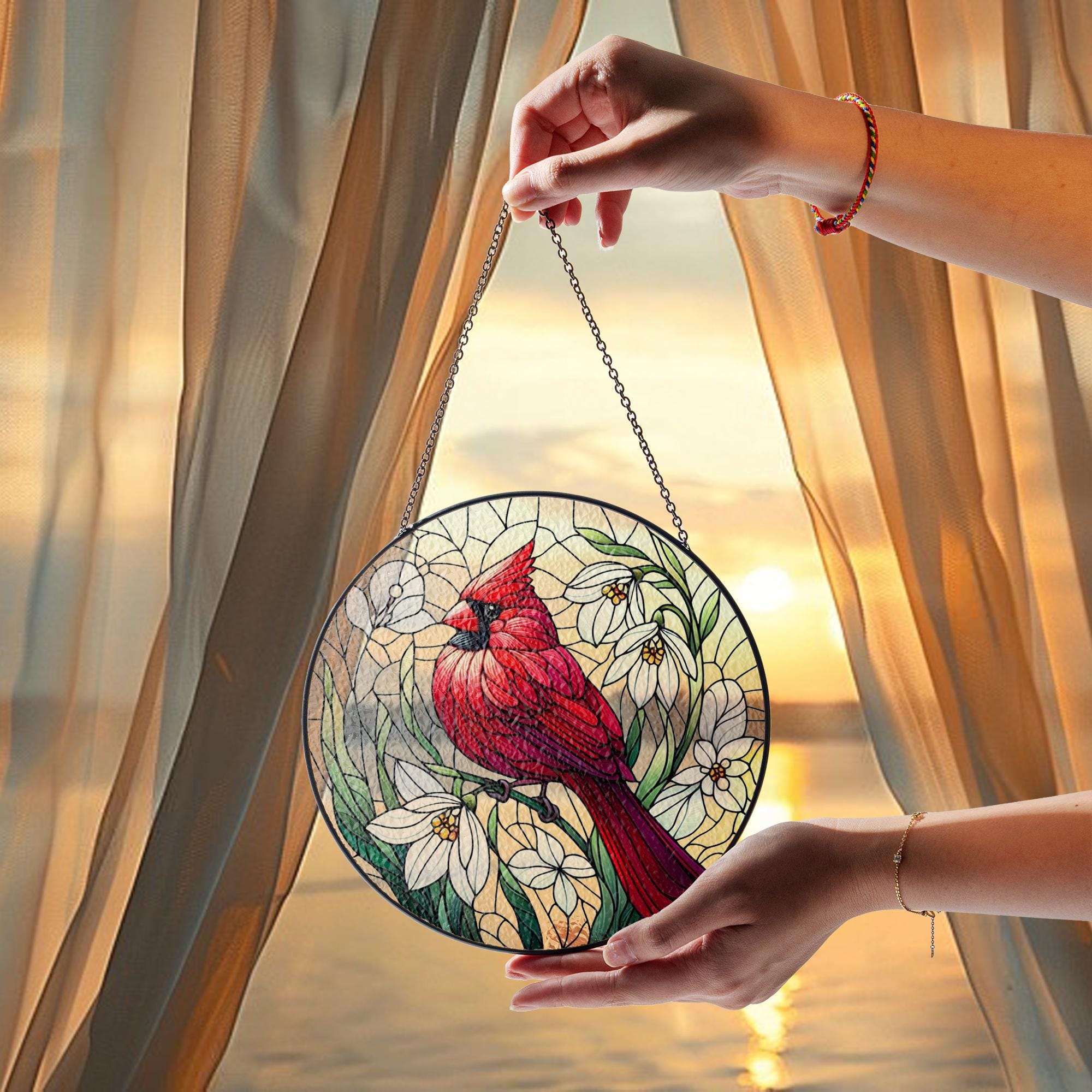 Red Cardinal & Snowdrop Glass Suncatcher – Winter Bird and Flower Window Art – Mother’s Day Gift – Nature Decor – Flower Lover Gift
