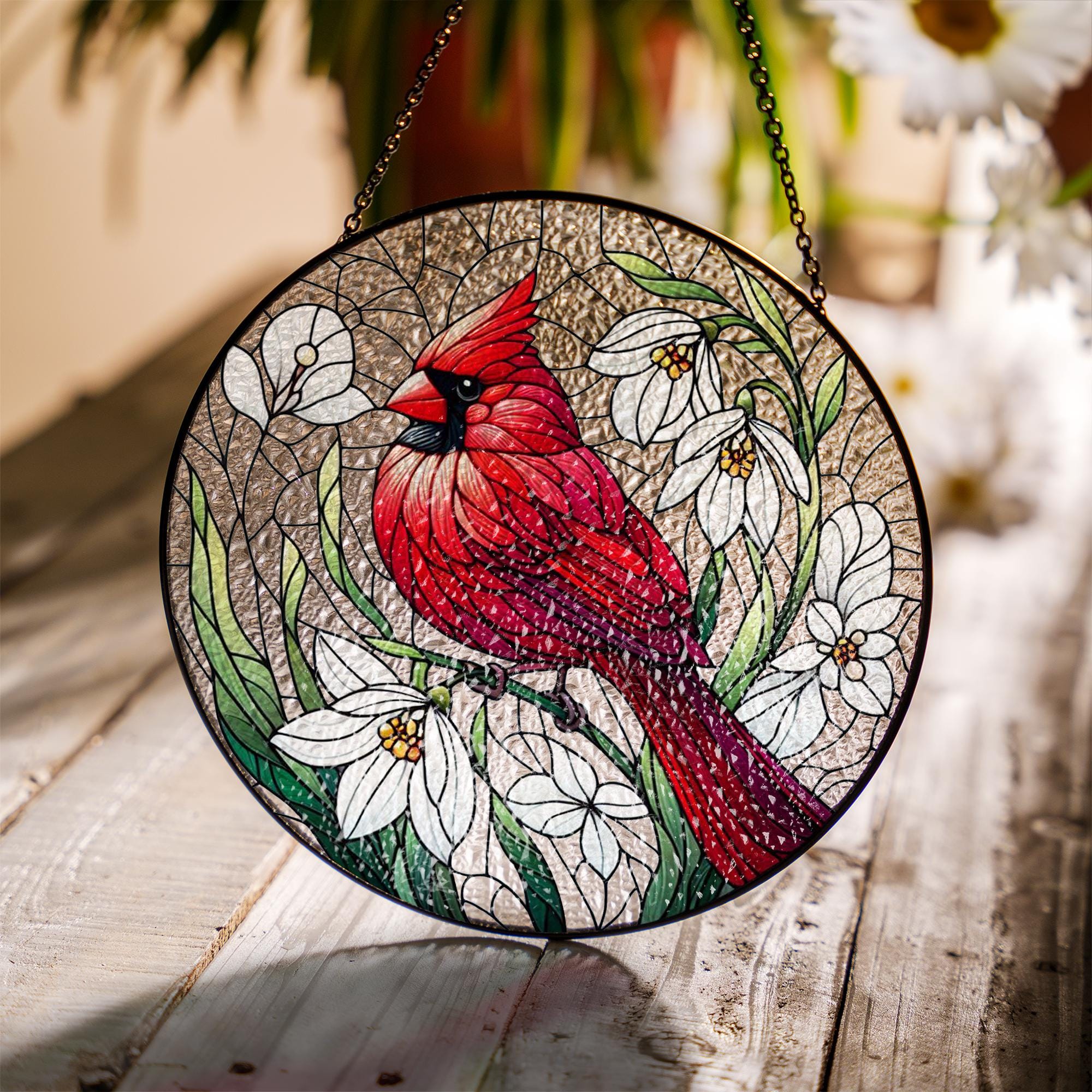 Red Cardinal & Snowdrop Glass Suncatcher – Winter Bird and Flower Window Art – Mother’s Day Gift – Nature Decor – Flower Lover Gift