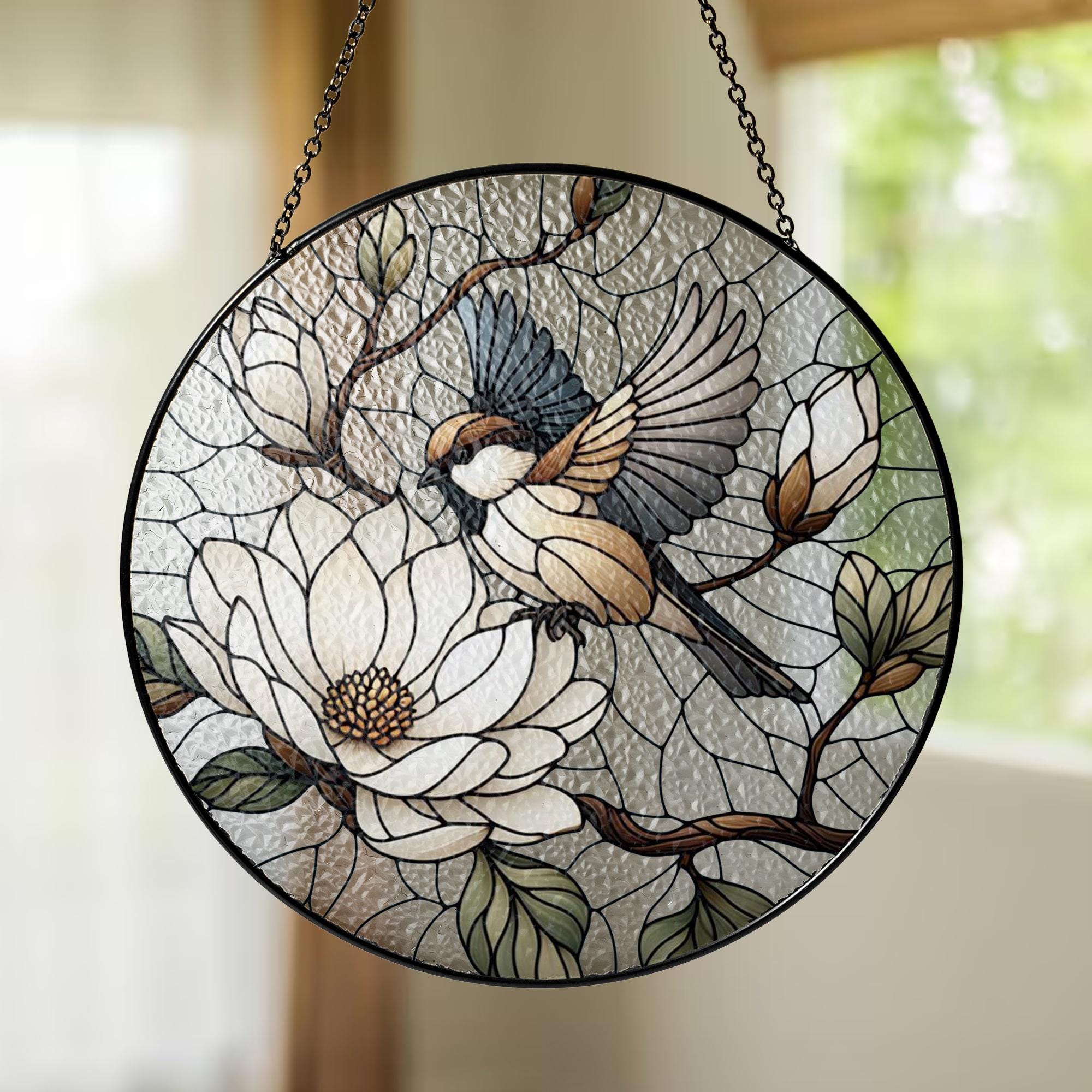 Sparrow & Magnolia Glass Suncatcher – Bird and Blossom Window Art – Mother’s Day Gift – Nature Decor – Flower Lover Gift