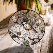 Sparrow & Magnolia Glass Suncatcher – Bird and Blossom Window Art – Mother’s Day Gift – Nature Decor – Flower Lover Gift