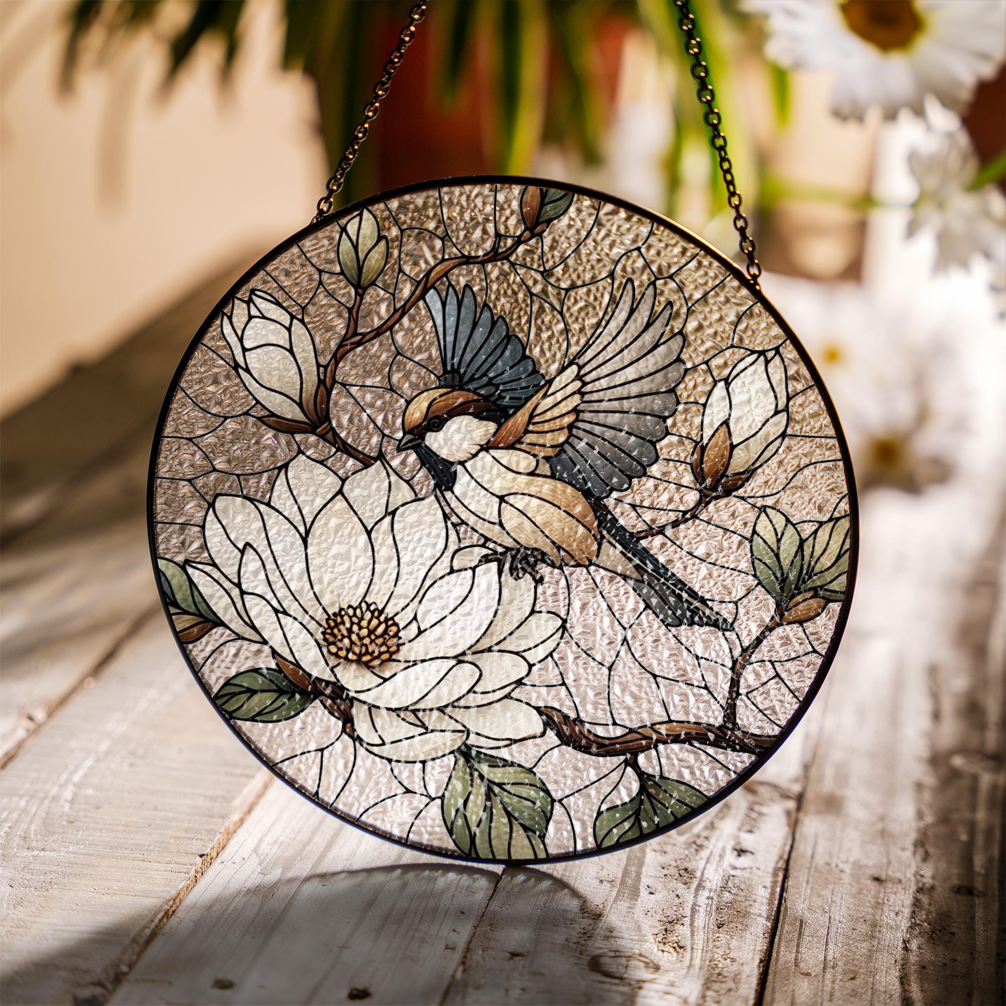 Sparrow & Magnolia Glass Suncatcher – Bird and Blossom Window Art – Mother’s Day Gift – Nature Decor – Flower Lover Gift