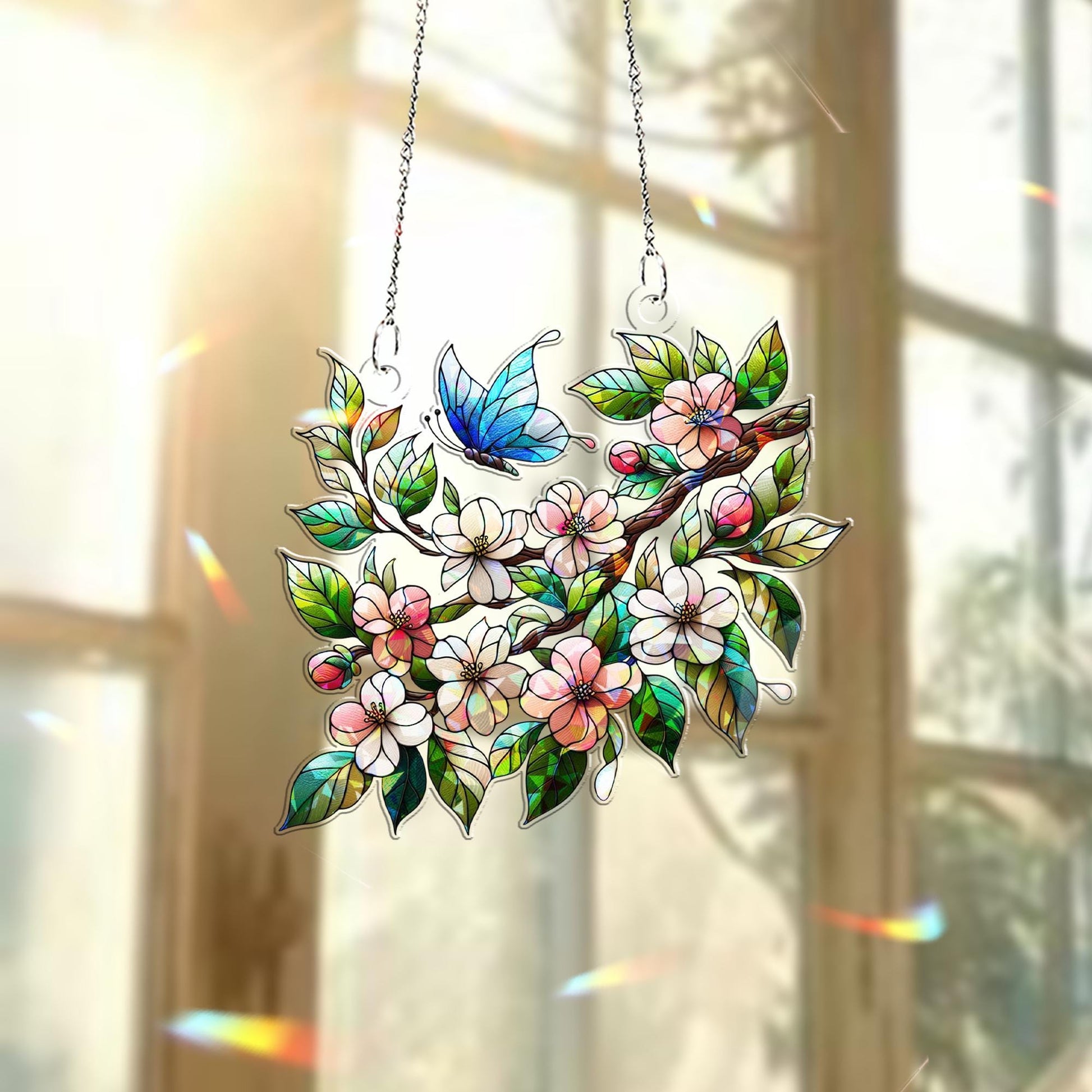 Apple Blossom Hologram Window Hanging – Spring Floral Acrylic Art – Mother’s Day Gift – Botanical Decor – Flower Lover Gift