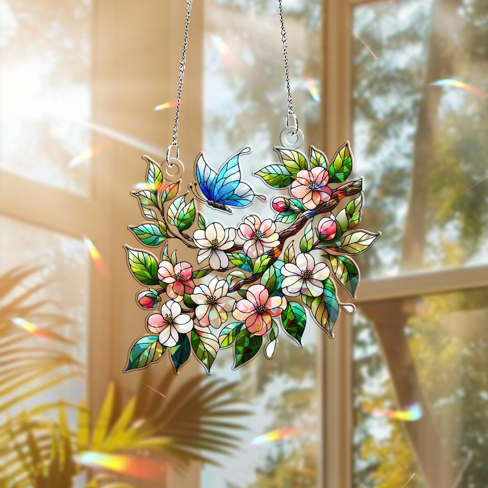 Apple Blossom Hologram Window Hanging – Spring Floral Acrylic Art – Mother’s Day Gift – Botanical Decor – Flower Lover Gift