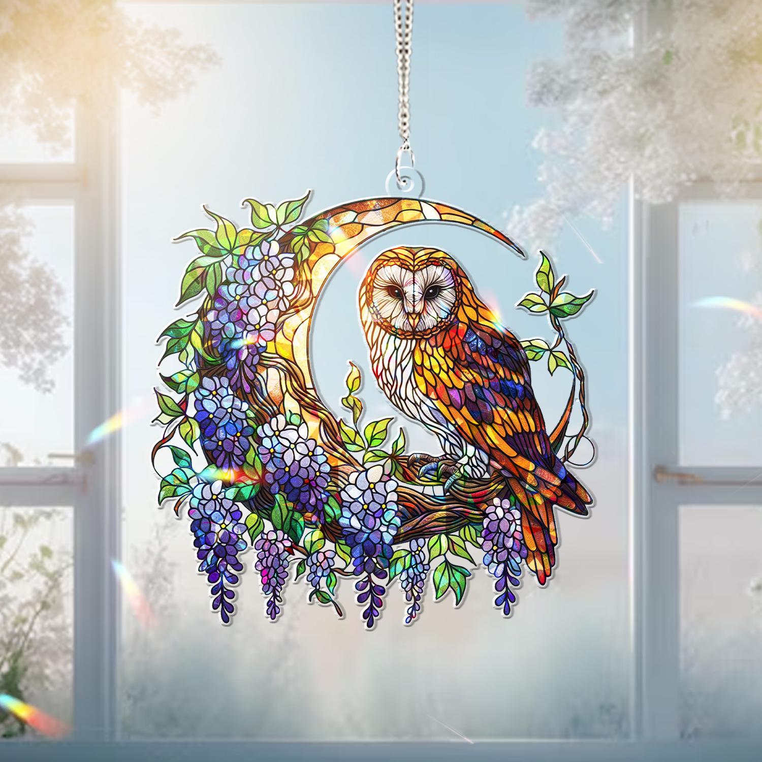 Owl & Wisteria Hologram Window Hanging – Mystical Bird and Flower Acrylic Art – Mother’s Day Gift – Nature Decor – Floral Lover Gift
