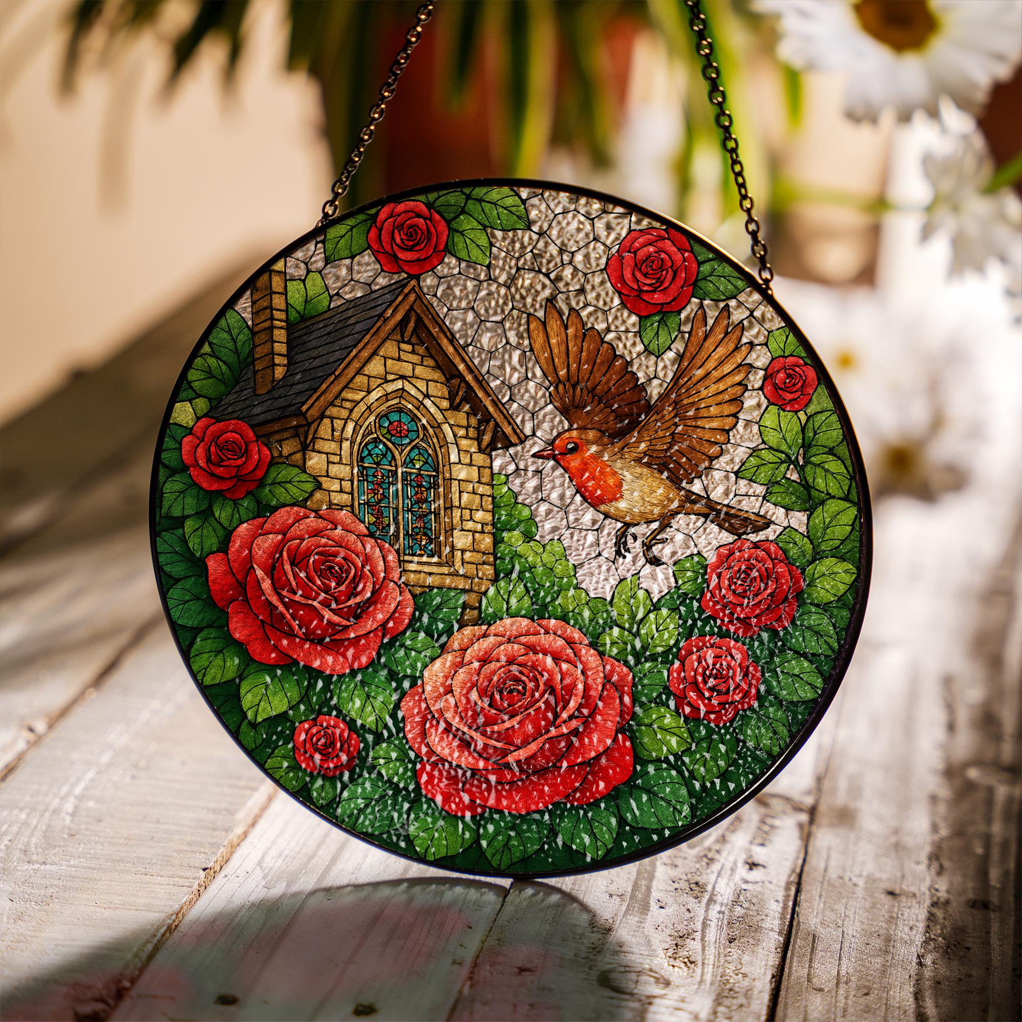 Robin Bird and Cottage Rose Glass Suncatcher – Garden Lovers, Nature-Inspired Home Accent Gift – Nature Lover Home Gift, Gift For Mom