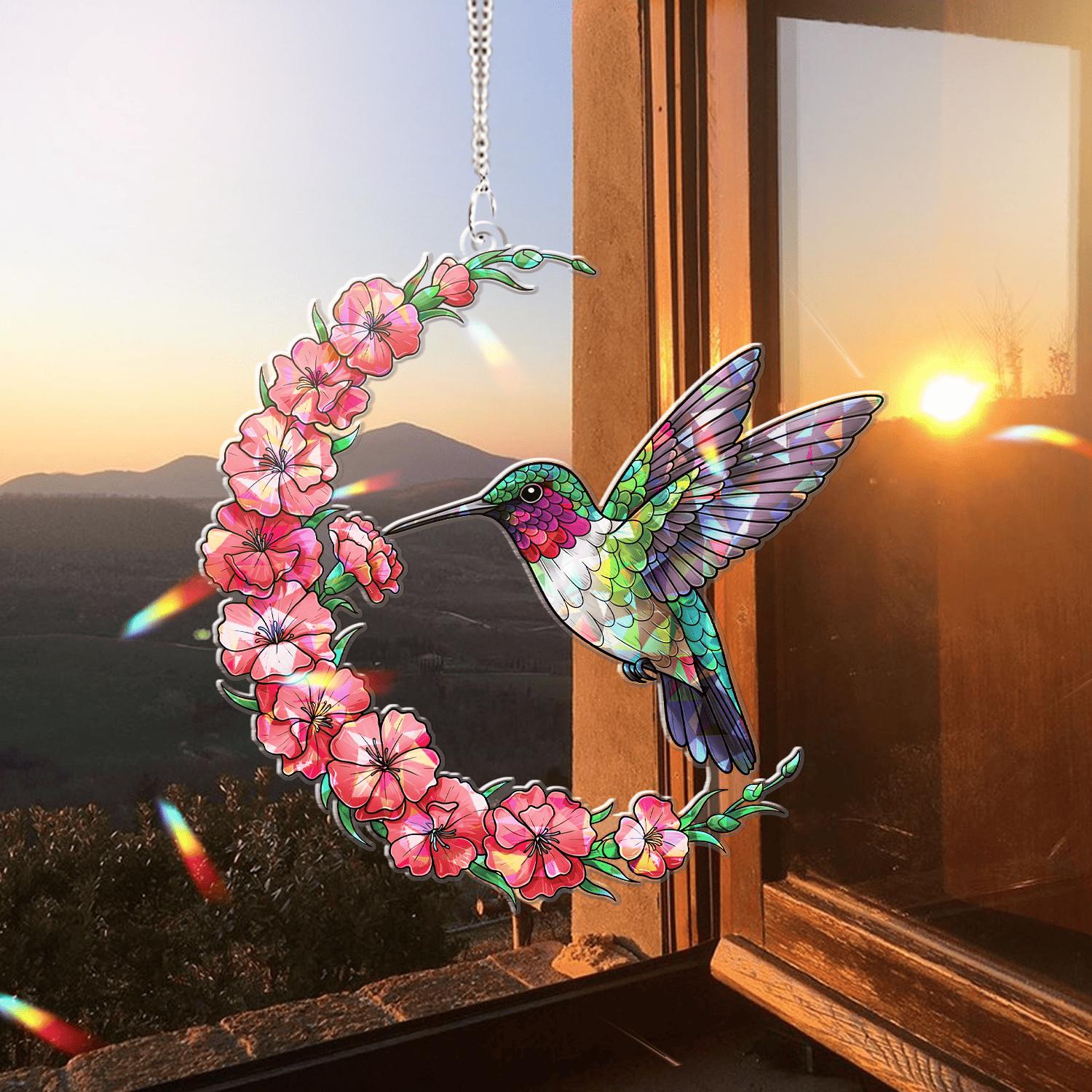 Hummingbird And Carnation Crescent Moon Acrylic Window Hanging – Nature Lovers, Garden Home Decor Gift, Carnation Lover, Gift For Mom