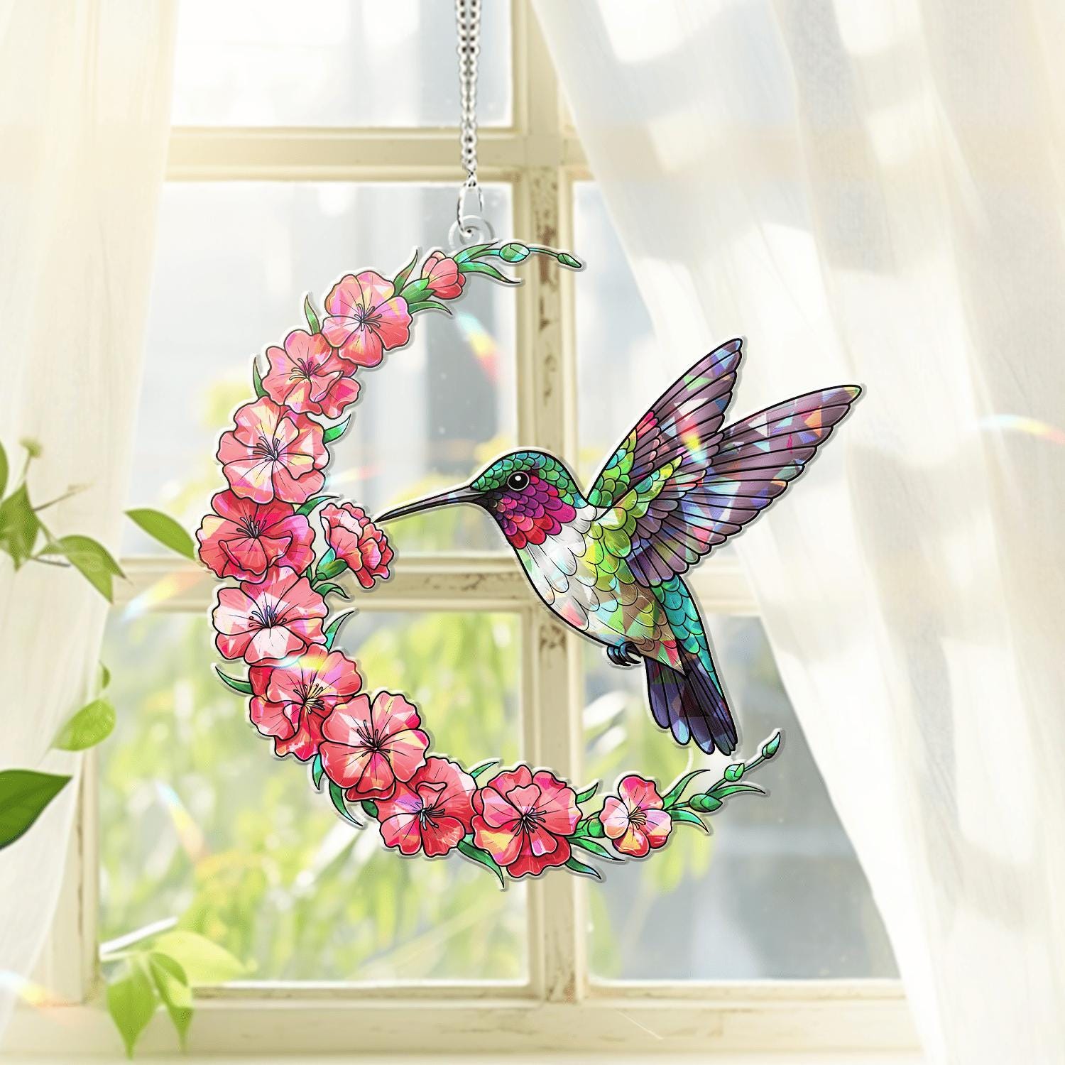 Hummingbird And Carnation Crescent Moon Acrylic Window Hanging – Nature Lovers, Garden Home Decor Gift, Carnation Lover, Gift For Mom