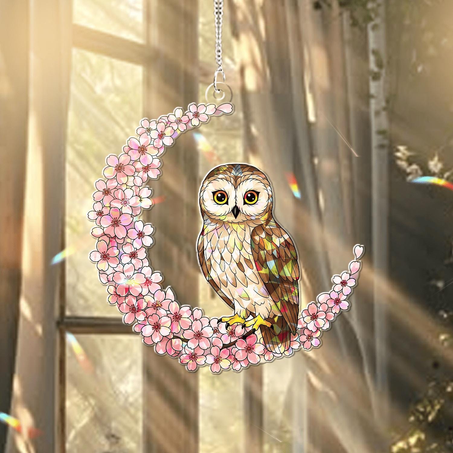 Owl & Cherry Blossom Crescent Moon Acrylic Window Hanging – Cherry Blossom Bird Decor, Stained Glass Look Suncatcher, Nature Lover Gift Idea