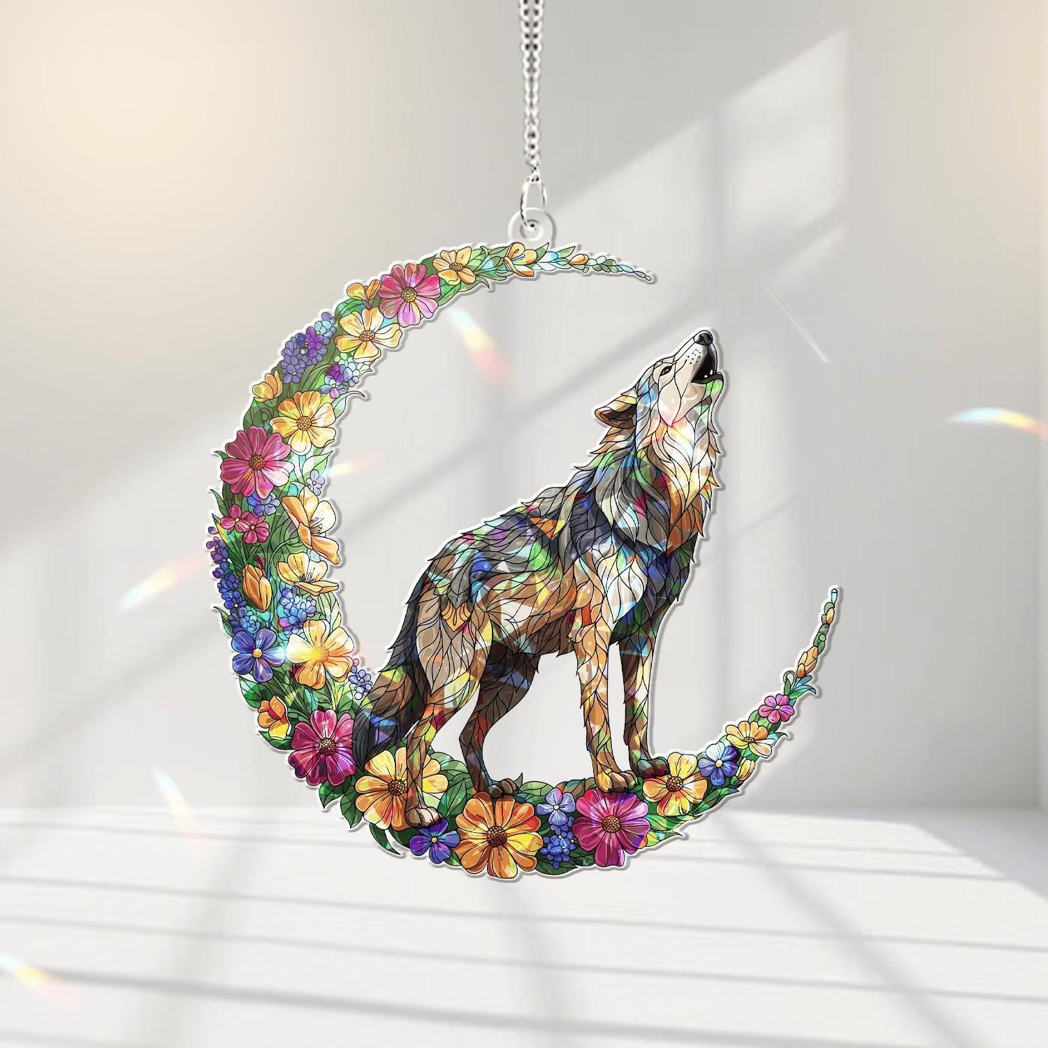 Wolf On Moon Acrylic Window Hanging – Floral Crescent Wolf Decor, Howling Wolf Ornament, Boho Nature Gift for Animal Lovers, Wolf Lover Gift